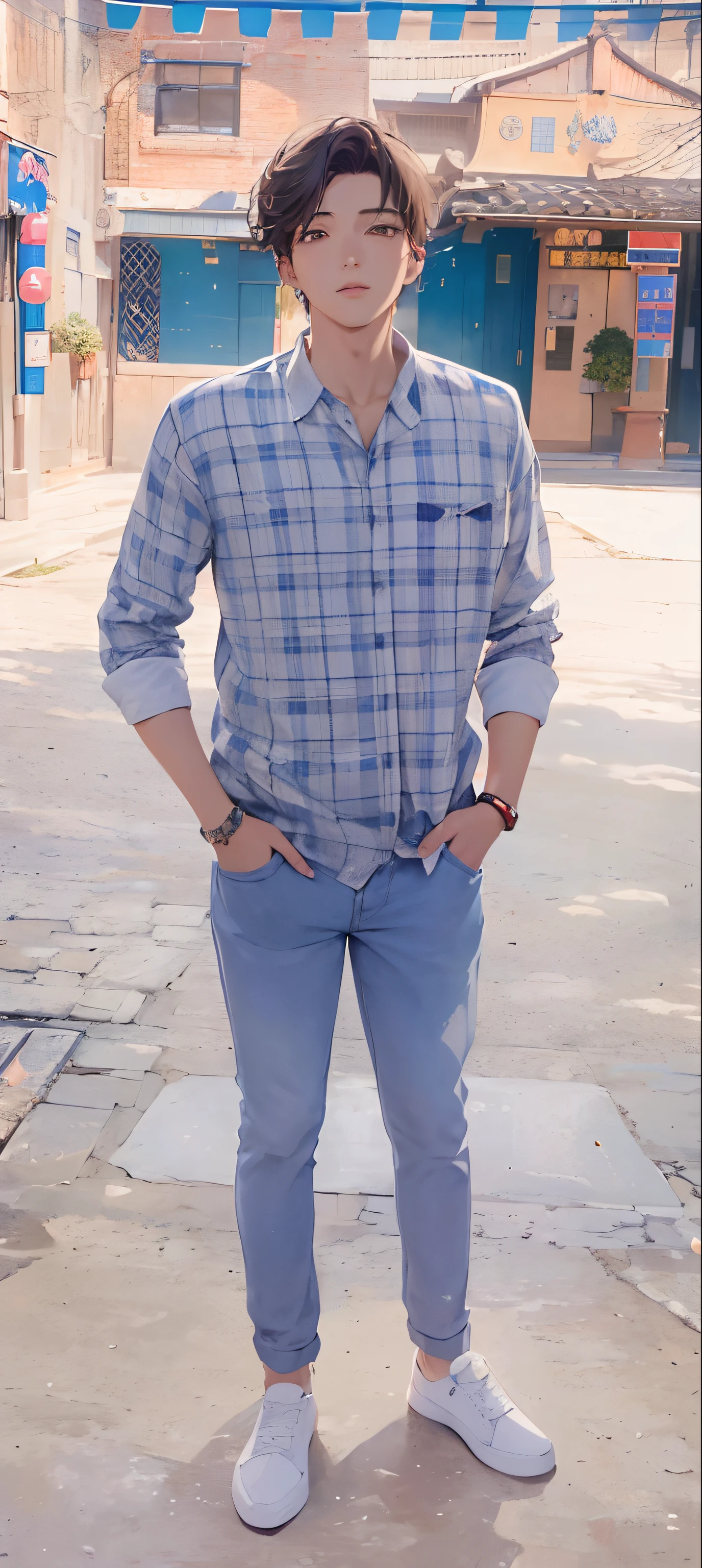 (absurderes、A high resolution、ultra - detailed、NFFSW)、tmasterpiece、top-quality、Libido boy、独奏、A handsome、short detailed hair、whaite hair、finely eye and detailed face、Casual clothing、Real shadows、joy、Connect the ears、The upper part of the body、blur backgroun、