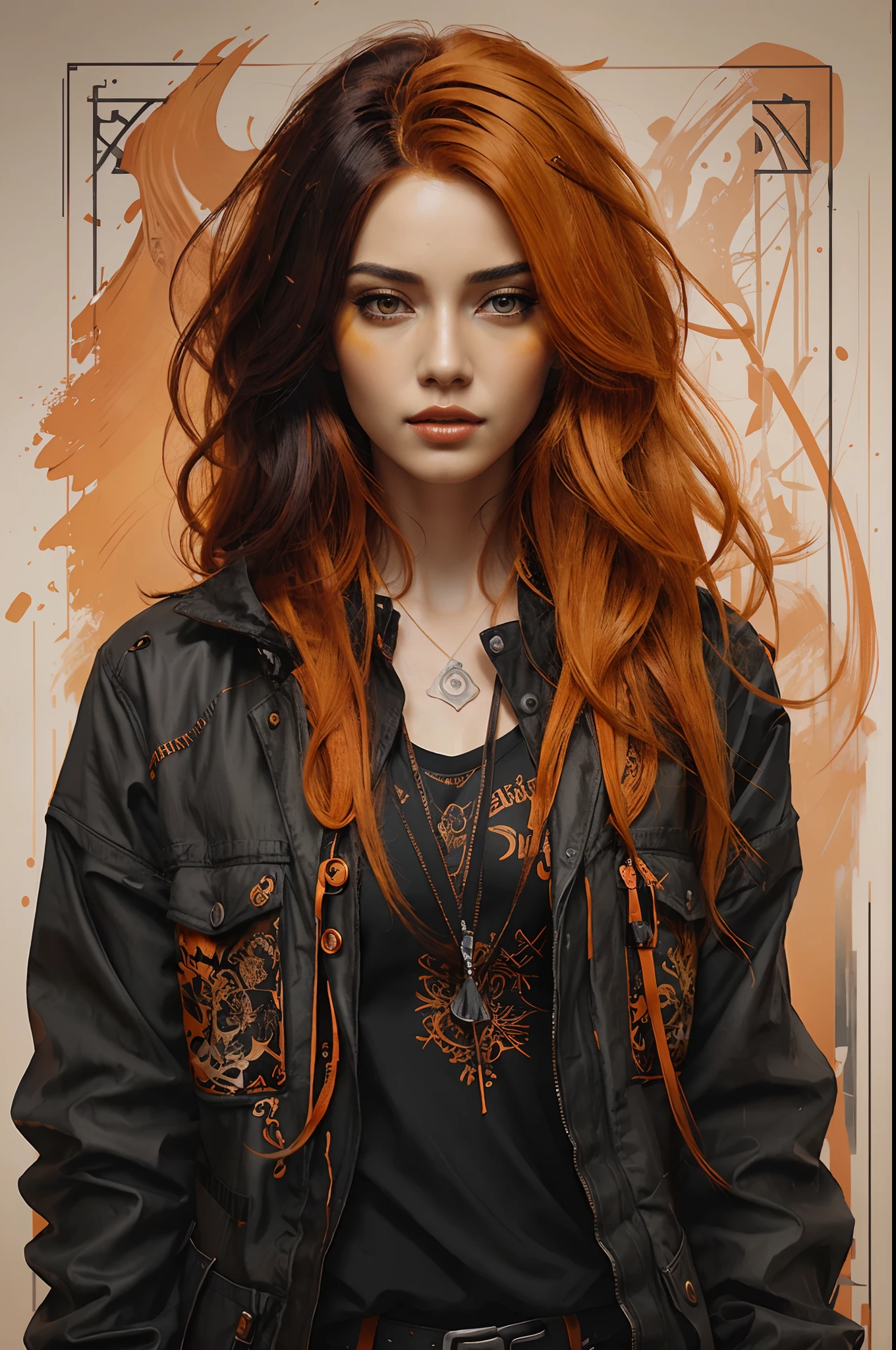 there is a woman with orange hair and a black jacket, stunning digital illustration, realistic artstyle, beautiful digital illustration, orange and black tones, artwork in the style of guweiz, realism artstyle, beautiful digital artwork, stylized urban fantasy artwork, orange skin and long fiery hair, gorgeous digital painting, cgsociety portrait, deviantart artstation cgscosiety