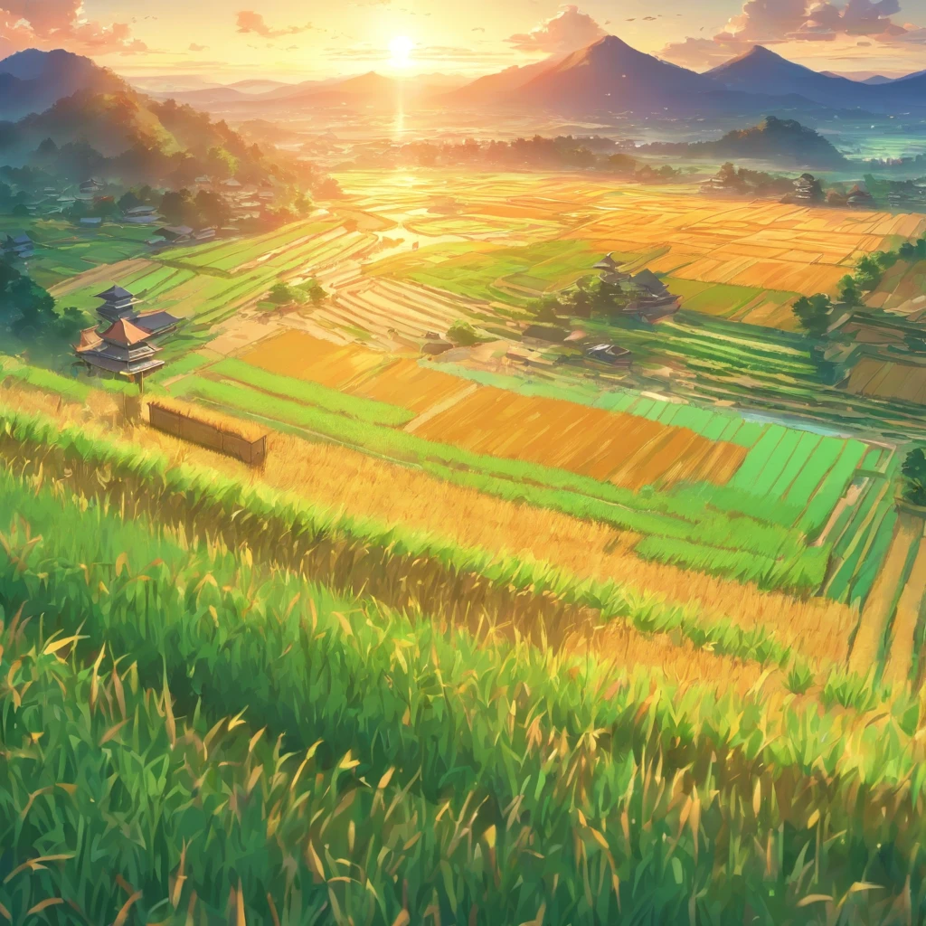 rice field,droneshot,beautiful sunset,golden hues,farmland,sun-kissed,paddy,serene,majestic mountains,peaceful countryside,harvest,abundance,agriculture,natural beauty,vibrant colors,tranquil atmosphere,sunbeams,reflective water,symmetry,breathtaking view,panorama,expansive,agricultural landscape,fertility,cultivation,seasonality,traditional farming methods,agronomy,pristine,ethereal,harmony with nature,harvesting equipment,sublime,bucolic scenery,lush greenery,warmth,awe-inspiring beauty,harvesting season,sustainability