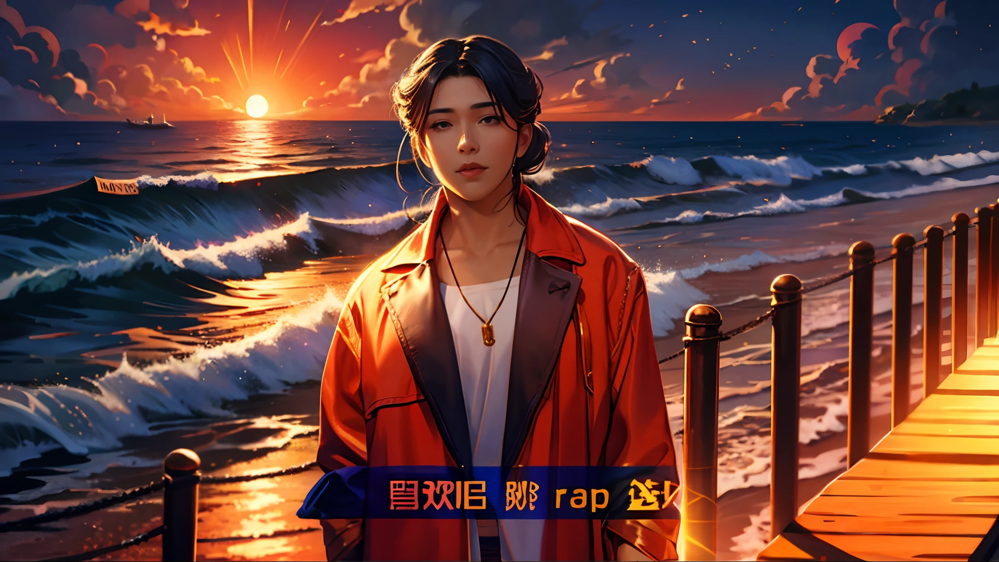 the sunset,eventide,middle parted hairstyle,eye closeds