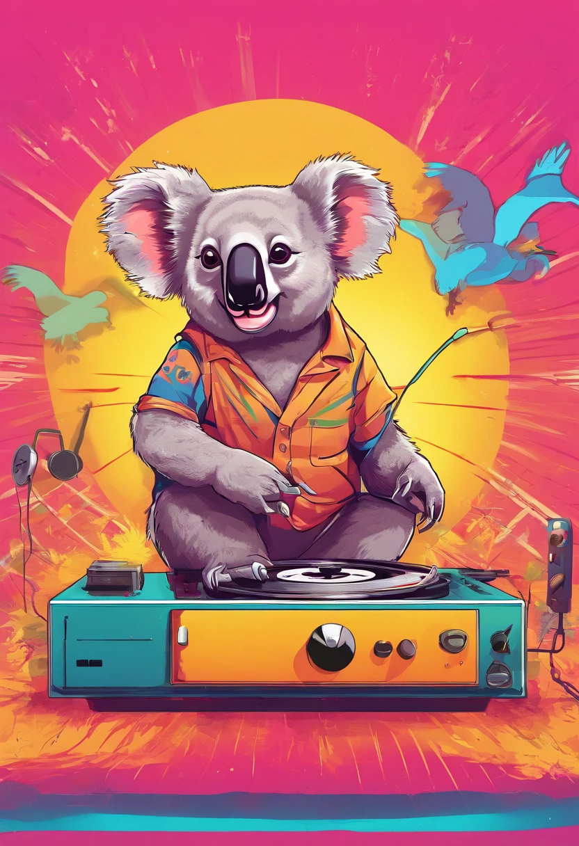 A koala listening to music from a vinyl player
