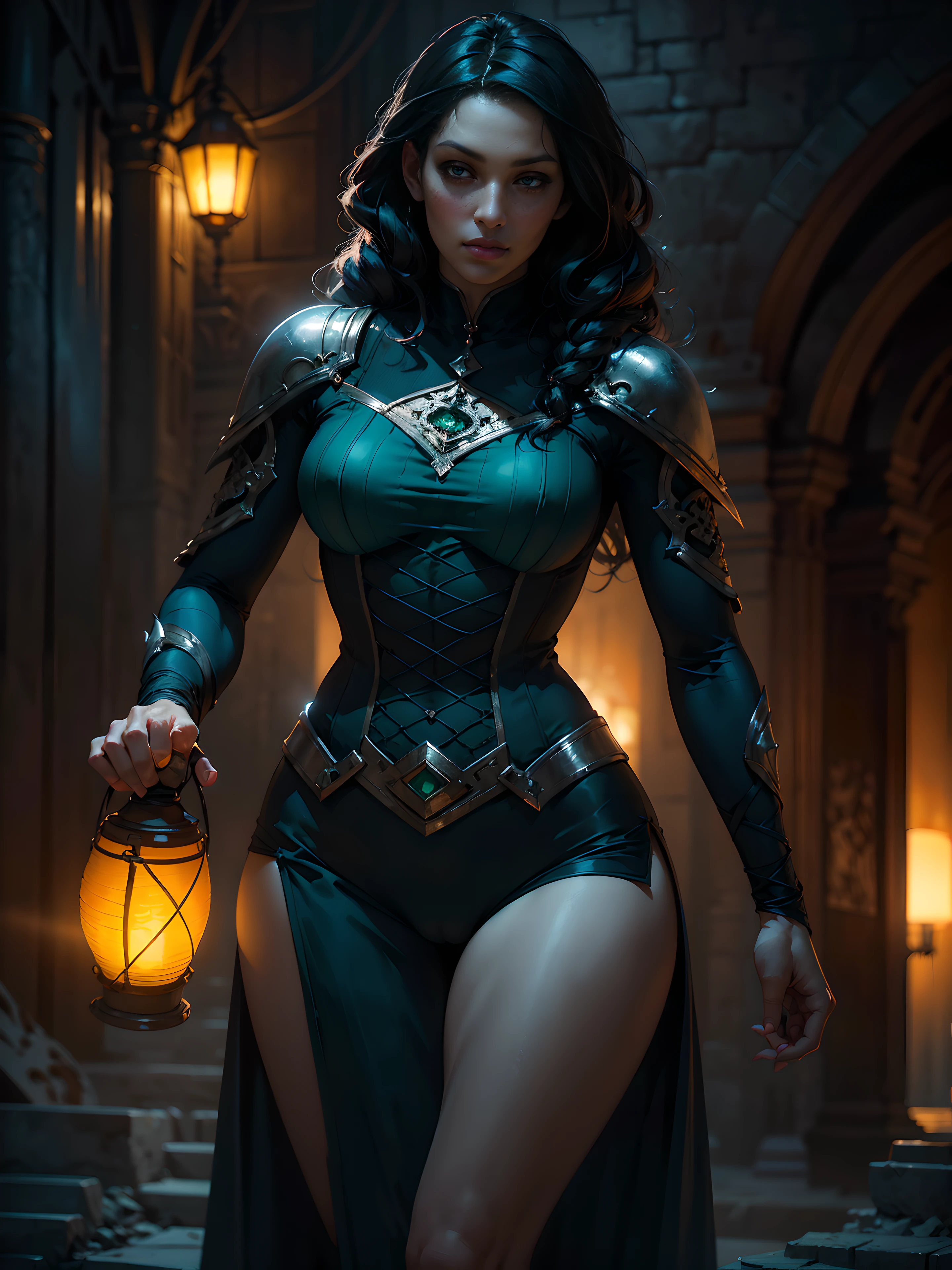 Arafed woman holding a lantern with a green light in her hand, dark fantasy style art, neoartcore and charlie bowater, dark fantasy mixed with realism, gothic fantasy art, Rich, Deep Colours, (intricate details:0.9), (HDR, hyper-detailing:1.2), (natural skin textures, hyper realisitc, soft light, Sharp), [ thigh gap [ camel toe : ] : 0.4]
