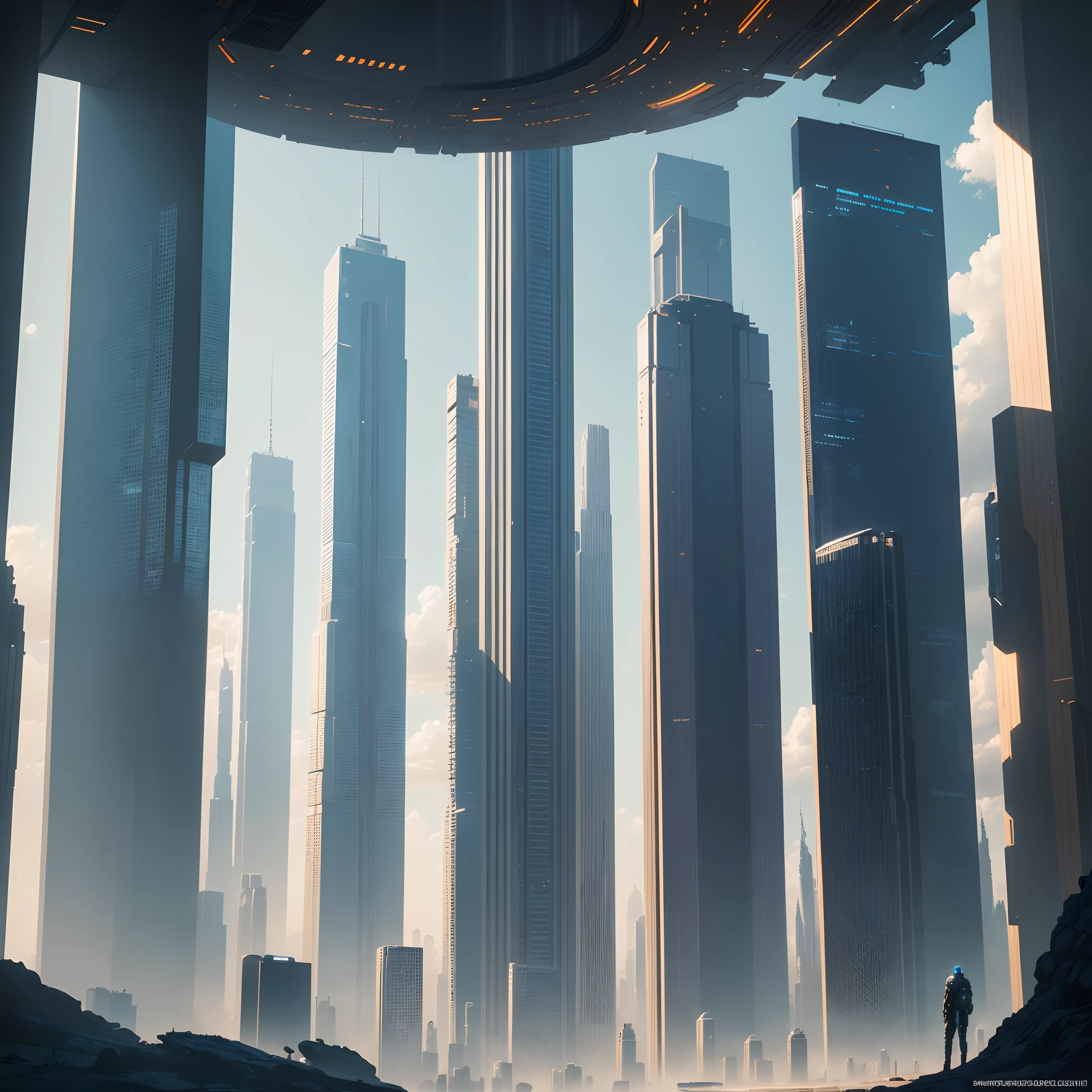 (Best Quality, 8K, Ultra-detailed:1.2), Futuristic cityscape of towering skyscrapers, Cyberpunk, Sci-Fi Art, Earth, A futuristic world, masutepiece, Glass skyscraper, Imaginative, Buildings 100 times taller, Vivid colors, Dramatic Lighting,kosmos,A world far beyond the imagination of mankind