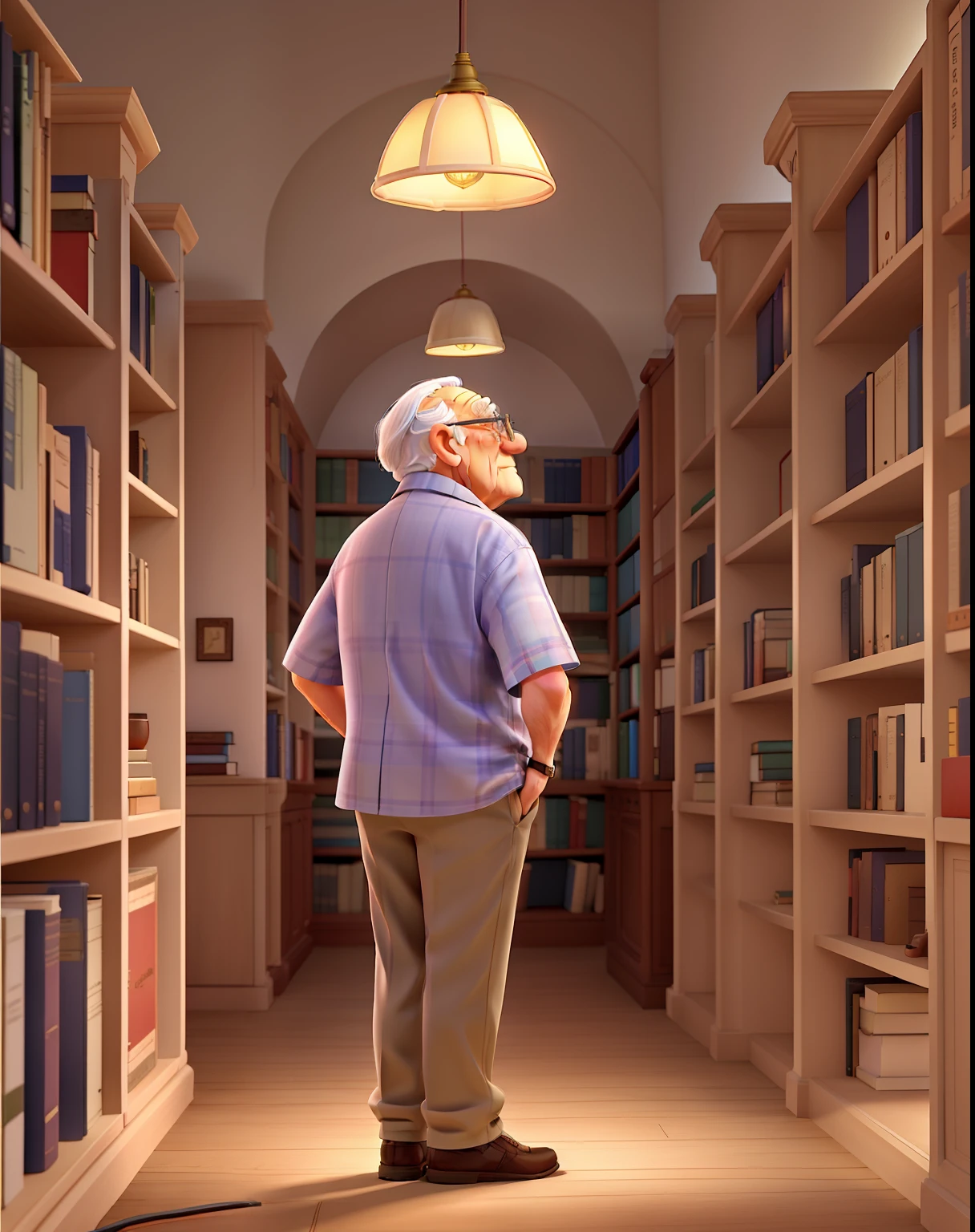 A wise old man standing in front, illuminated by the light of a lamp, against the backdrop of a library