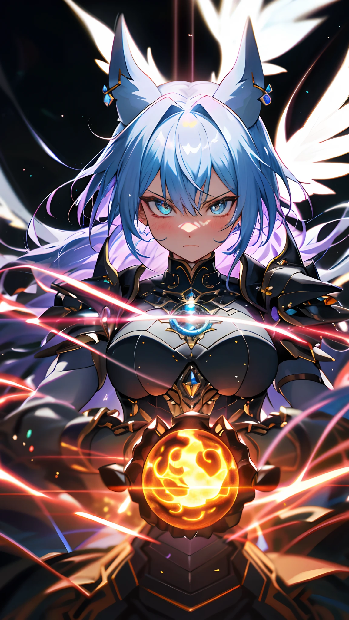 Anime Robot beutiful ice skin golem cat girl magic, aesthetic_eyes, detailed eyes, demon horn, facemask, wings, glowing, random fantasy hair, multicolored hair, body detailed, random very angry face, detailed face, Saenyo Ancalagon Anthropomorphic majestic Guardian | Portrait | finely detailed Obsidian and Lava armor | cinematic lighting | intricate filigree metal design | 8k | unreal engine | octane render | aesthetic_eyes, detailed eyes, body detailed, ahegao, detailed face, highly detailed, fantasy background, blush, cat_ears_earrings hair_ornament highres jewelry triple_earring, detailed all, solo, fightning stance, magic circle, electrification, lightning effect, ray tracing, detailed all, show your ability A.I, 4K Ultra HD. dark theme