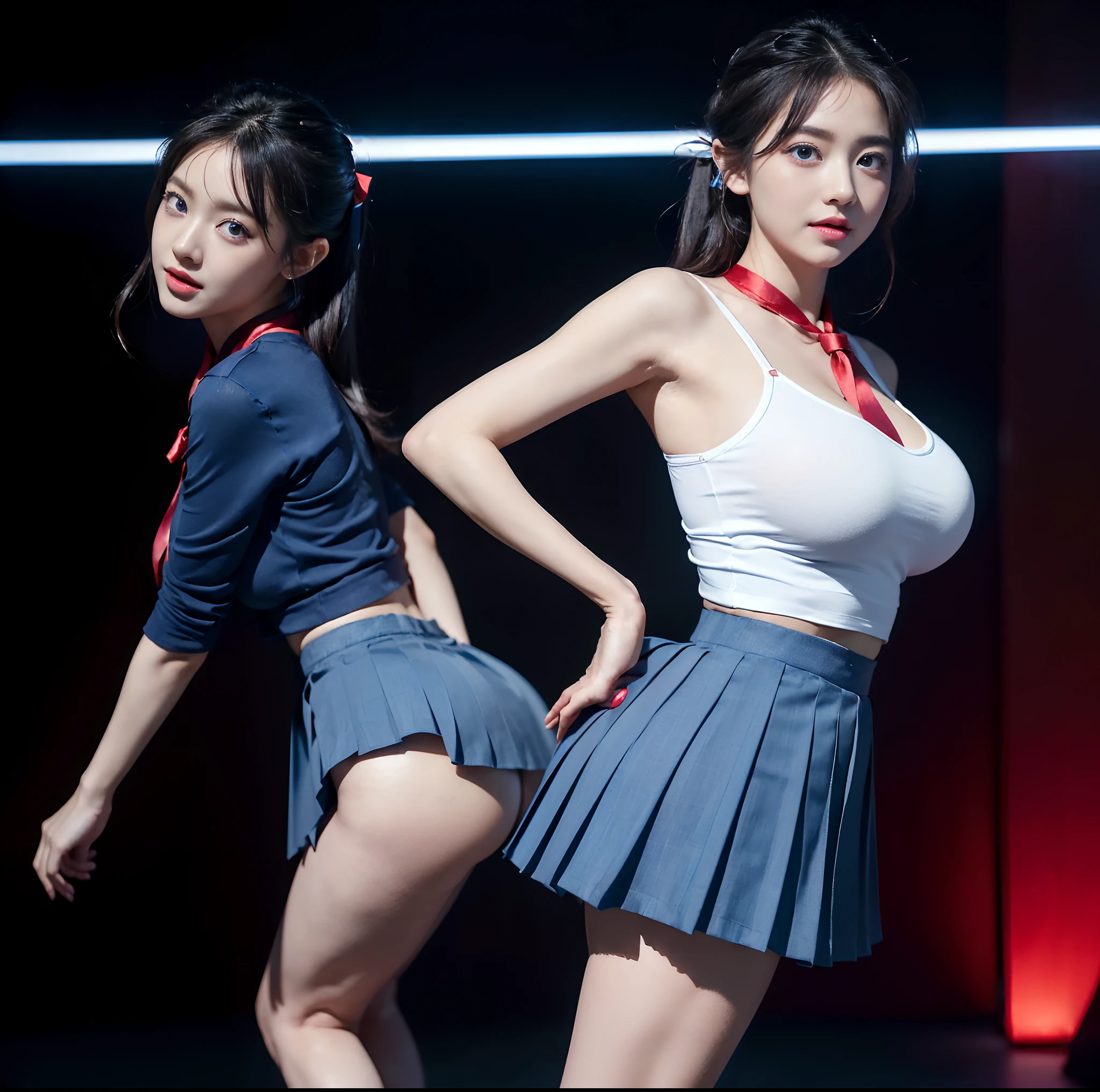 top-quality, 4K picture quality, masterpiece, Professional lighting without shadows, A hyper-realistic, perfect anatomia, Two girls, (Proudly stand in front of the camera、With a girl showing off a ribbon tie from the front, Another girl on the other side is bending down next to her and sticking her ass out), ( with perfect body、Colossal breasts with tension:1.3), Bright and even whitening skin without wrinkles and steps, (Reflects a lot of light with bright and beautiful blue eyes with long eyelashes and plump red tear bags:1.4)、 Cute hairstyles, (Her outfit is、Dress up the ultra-thin fabric tight-fitting school girl uniform with a super short super mini pleated skirt:1.3), (With an intricate design around the neck、Proudly showing off a crimson ribbon tie from the front:1.3), (Another girl on the other side、To beautifully emphasize the proud big buttocks、- Exposing a big butt from directly behind:1.5), (She smiles with sleepy half-eyes),
