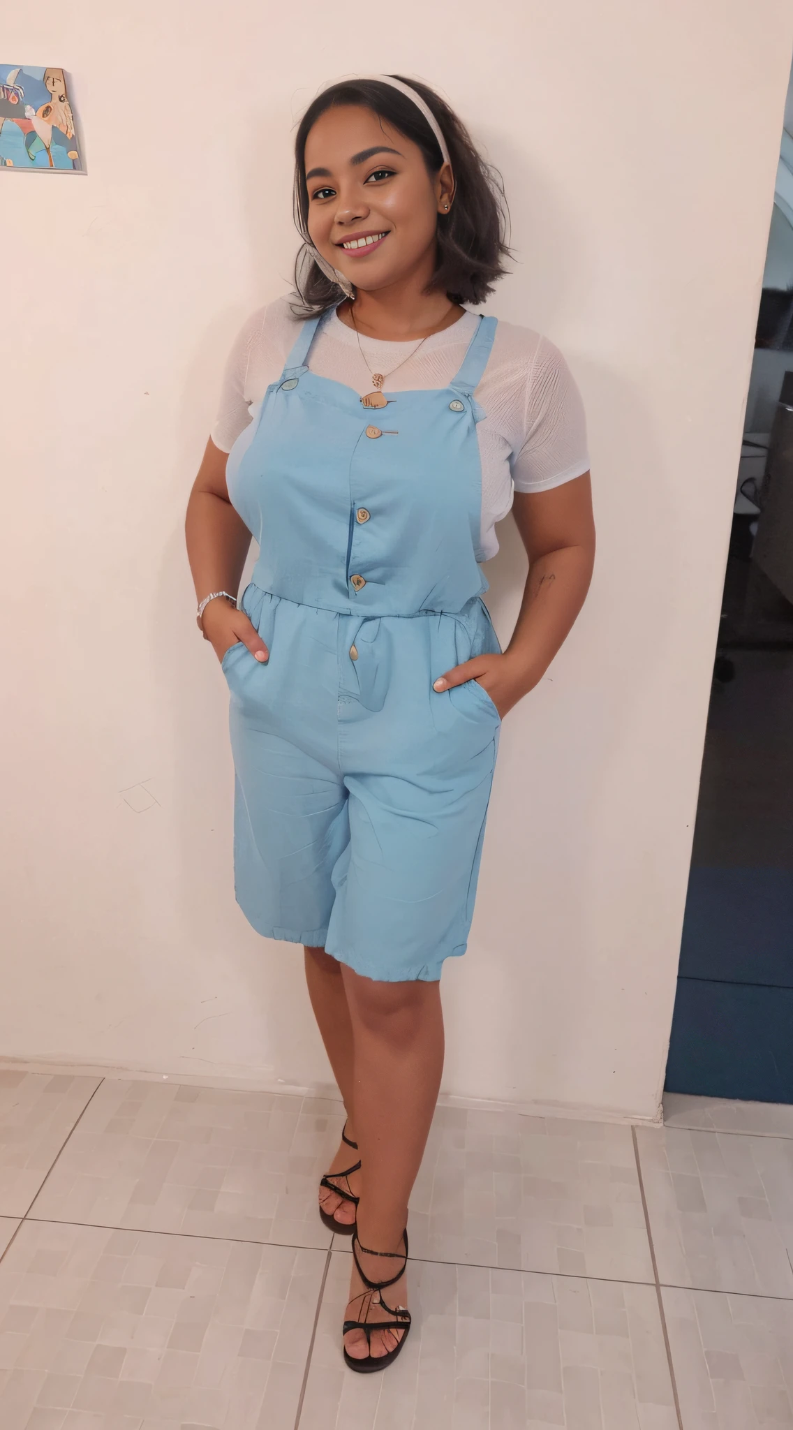 uma jovem de 20 anos, morena com cabelos cacheados curto e preto, Dressed in a blue jumpsuit, na sala de aula, em frente ao quadro sorrindo , ensinando as letras do alfabeto ::style pixar cartoon