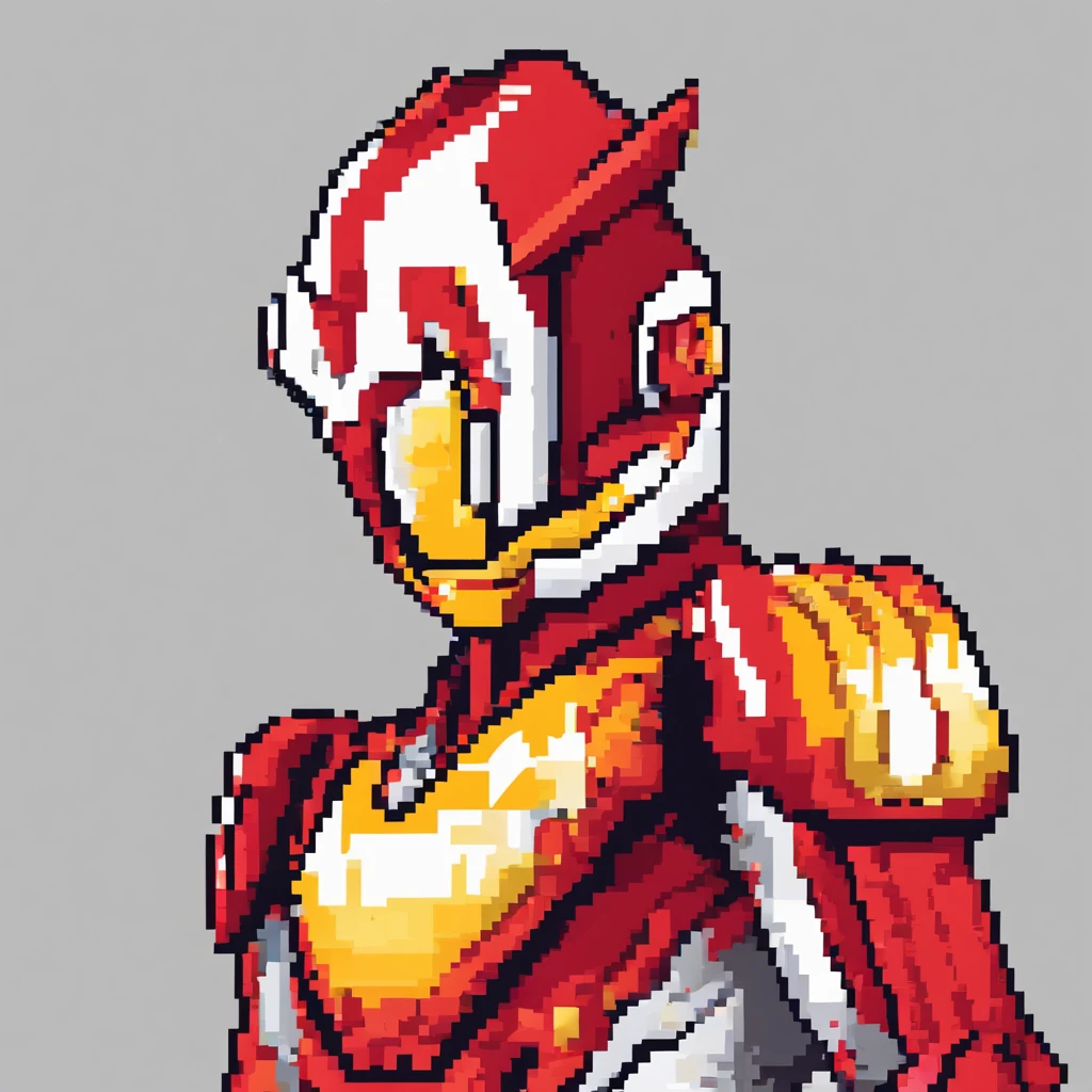 A close-up of a man in a red and white suit, Ultraman, Tokusatsu, Humanoid form, iconic character, wearing red and yellow hero suit, Huge chrome man,