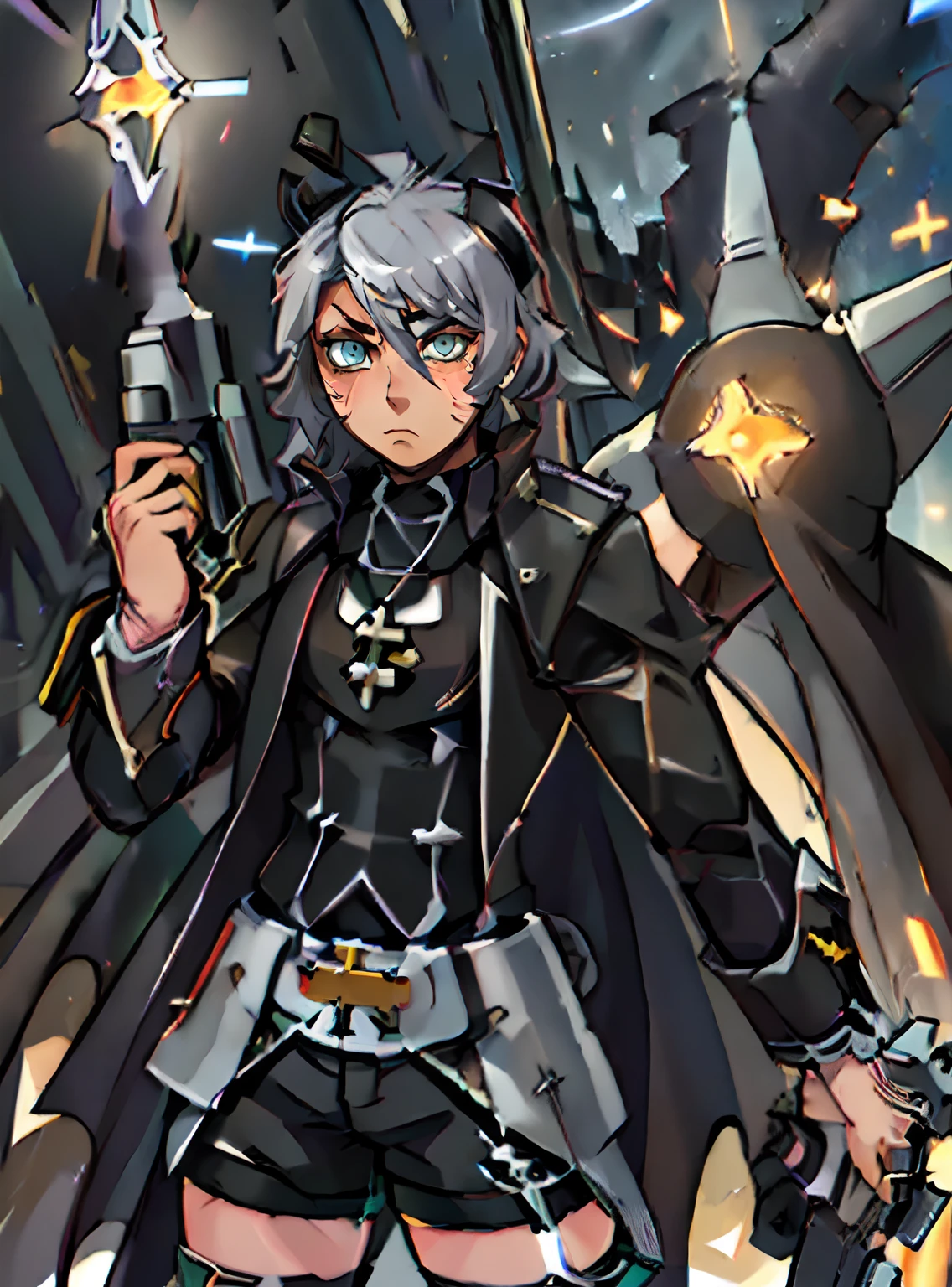 ((Sistermon Noir as male)),(1boy:1.2},(solo:1.1), ((battlepriest)),(shorts,)) , silver hair,grey eyes,STANCE,star \(sky\), (masterpiece), (best quality), HDR, intricate detail, ((Femboy)), (holding a Gun)