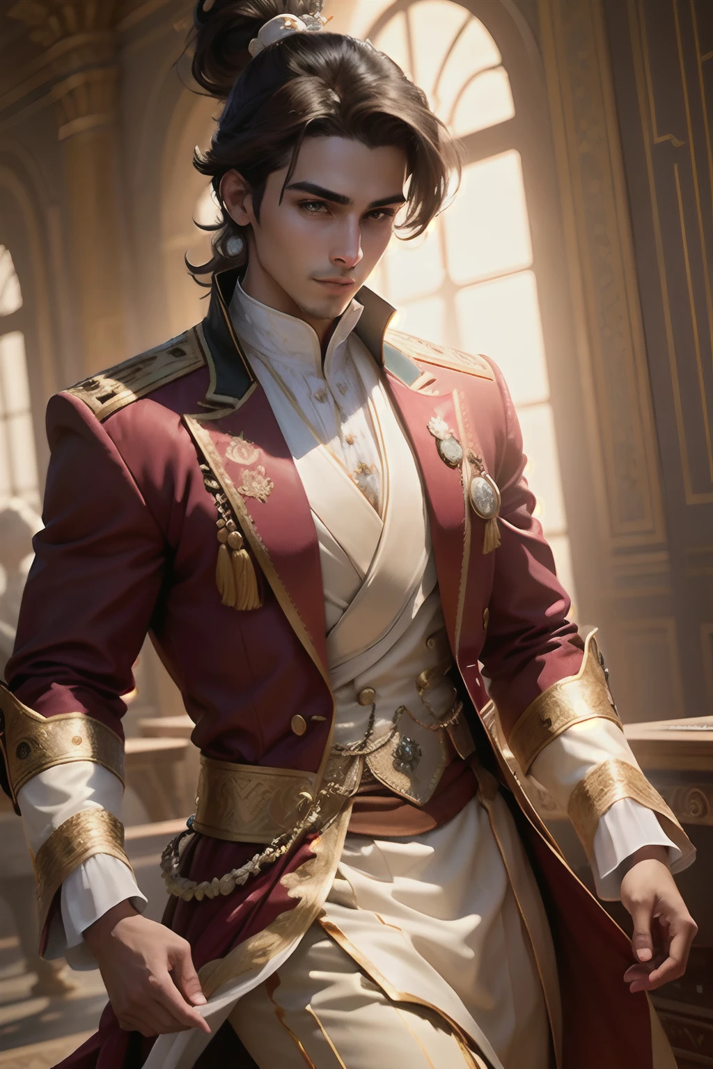 young prince in a palace, luxury royal palace, volumetric lighting, 8k resolution, photorealistic, ultra-high quality, opulent detailed background, medium length dark brown hair, messy ponytail, wearing a fancy royal indian clothes, having fun, running