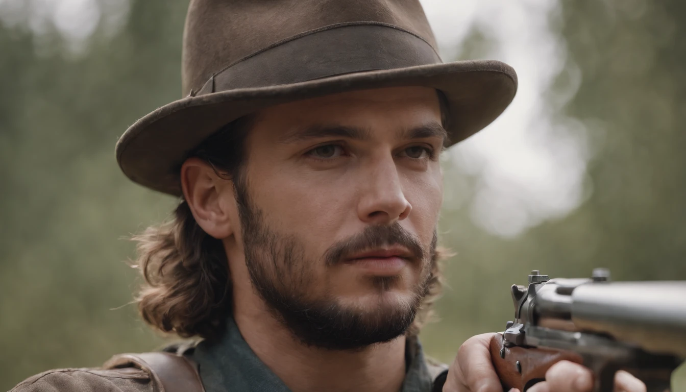 A rugged man have a gun on his hand and he looks very angry