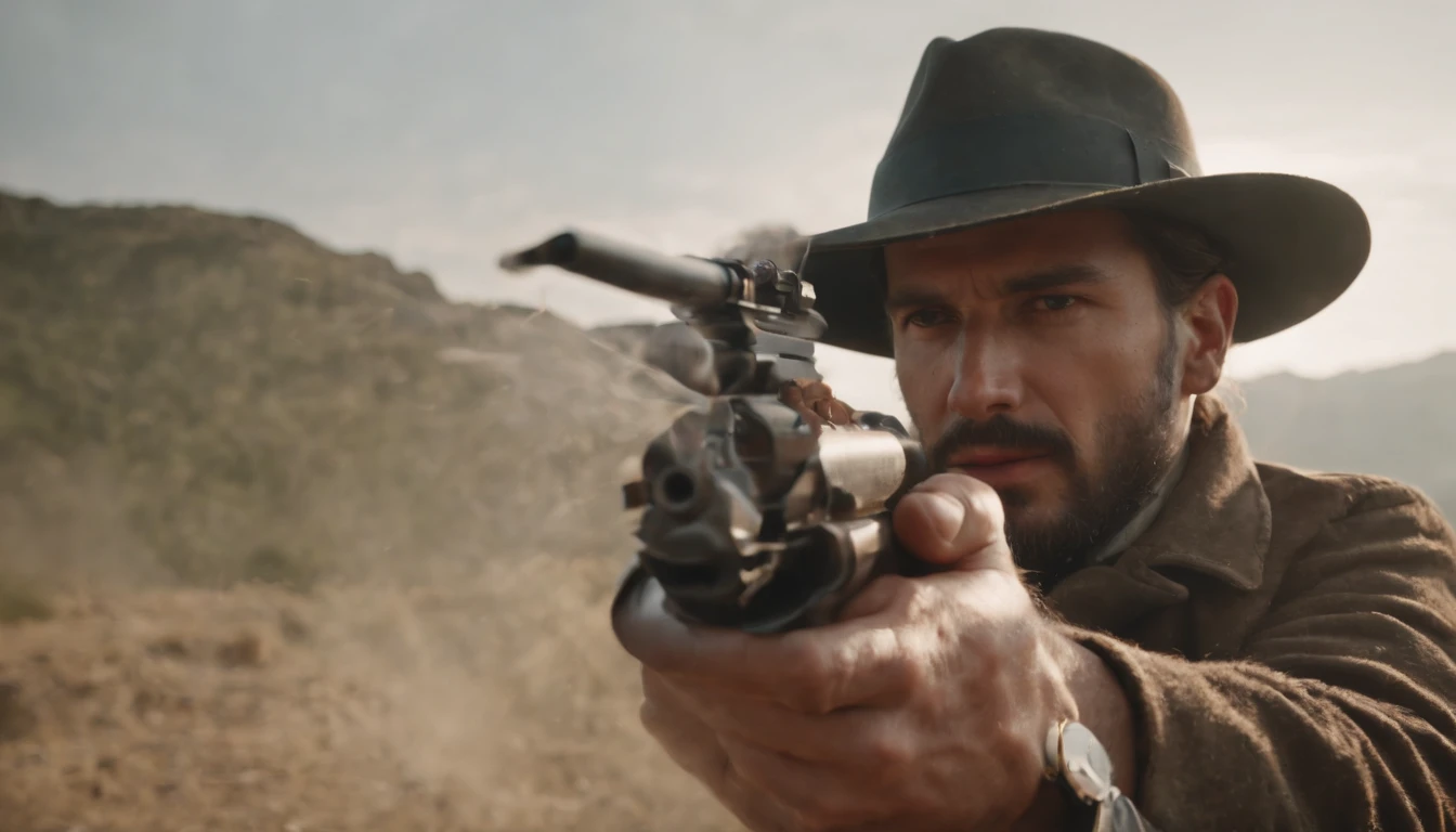 Aman wearing hat welded with two guns, 4K, Lightweight kinematics, dutch angle