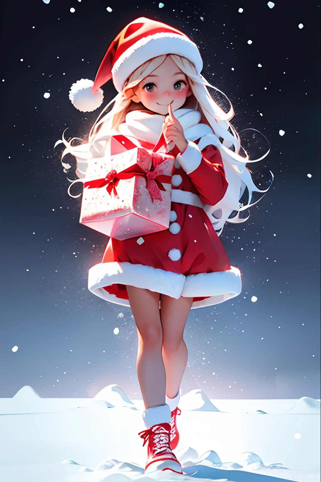 Santa Claus happily carrying presents、Cute Girl Santa、Stars in the eyes(kirakira)、eyes up、laught、The red shoes are cute、The ultra-detailliert、radiant light、bio luminescent、snowscape、It's snowing、Draw a large snowflake in the foreground、Strong bokeh