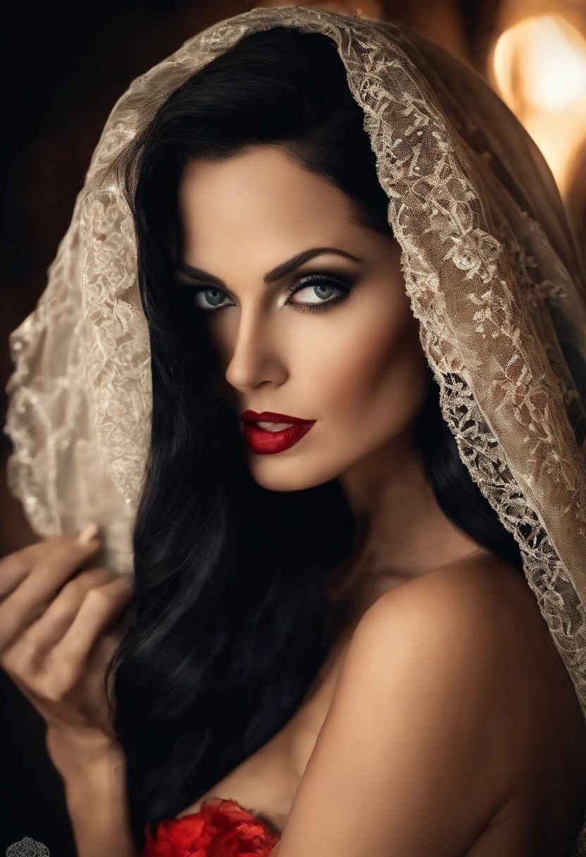Desenho realista branca de neve sexy hot com um manto vermelho fogo, olhos azuis, cabelos pretos, bunda grande, quadril grande, Thin Hands, lingerie preta, Playboy Girl Style 35 Years Old Photo High Definition.