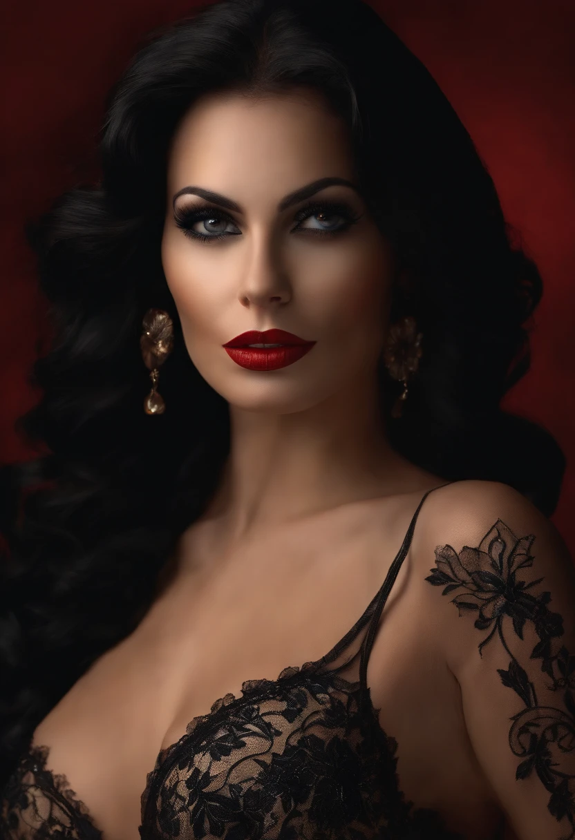 Desenho realista branca de neve sexy hot com um manto vermelho fogo, olhos azuis, cabelos pretos, bunda grande, quadril grande, Thin Hands, lingerie preta, Playboy Girl Style 35 Years Old Photo High Definition.