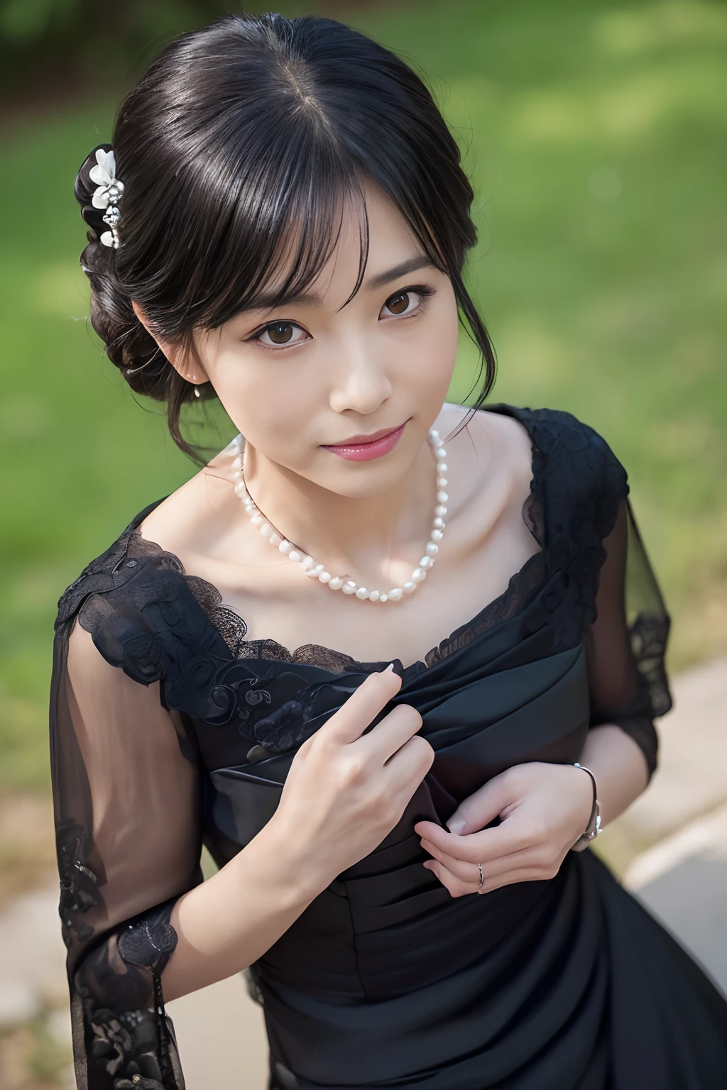 ((1人の女性,The most beautiful faces in Japan,beautiful countenance,40 year old,Wrinkles in the eyes and mouth,Perfect camera gaze,Shooting from up close)),((((Black formal dress,Black Formal Mourning Dress,Full black clothes)))),((pearls necklace,Classy hairstyle,natural make up,Hide the chest area,Emphasis on chest bulge,smil,Walking in the quiet countryside,Looking at the camera,look at a camera,Take a photo above from your lap)),((Turn to this,View here,Perfect fingers,perfect arms,细致背景,top-quality,The ultra -The high-definition,Perfect Anatomy,high-definition RAW color photography,professional photograpy, extremely delicate and beautiful, Extremely detailed,finely detail, Huge file size,Top image quality,8K,Award-Winning Works,masutepiece))