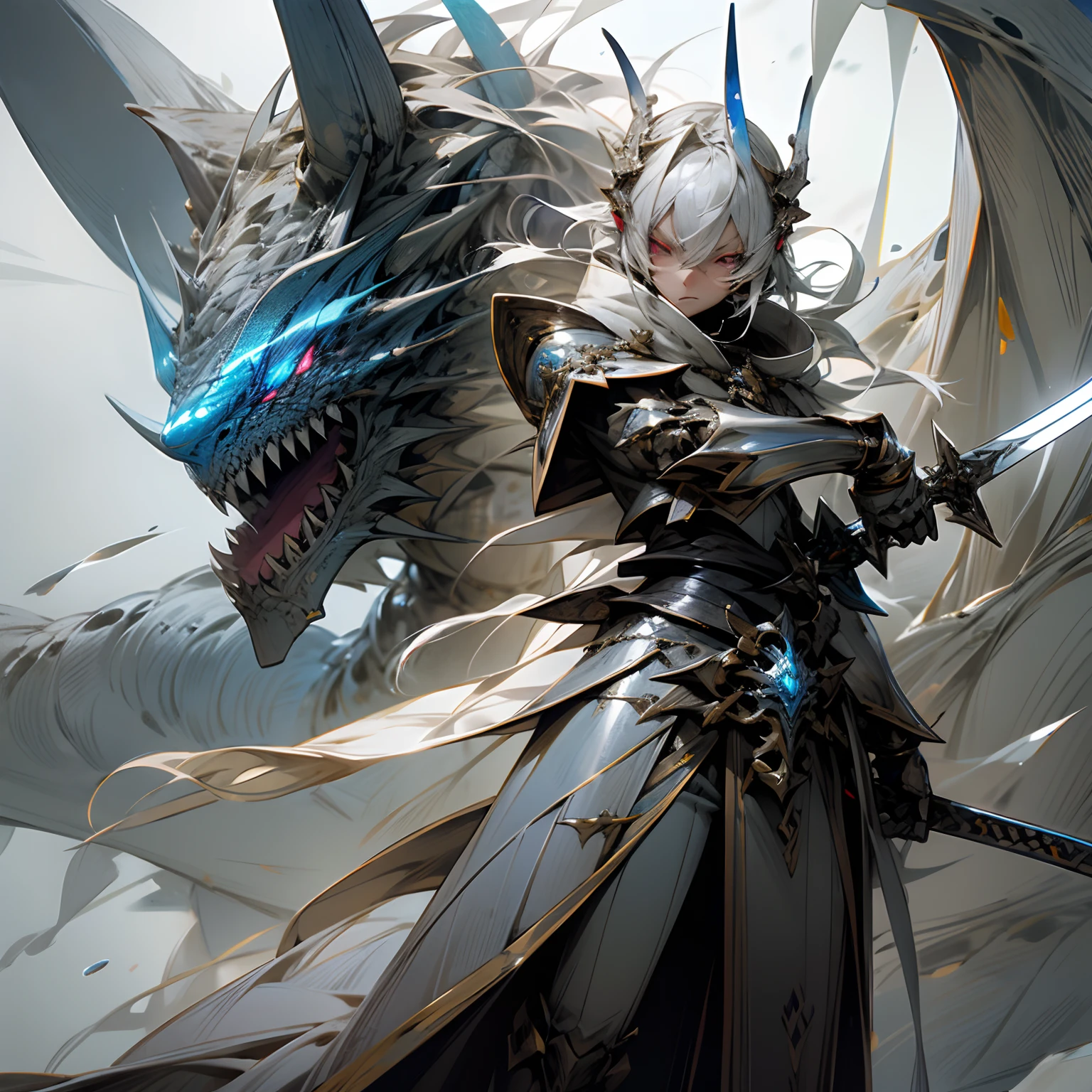 Anime style, silver hair, Knight, wearing blue silver armor,Holding a giant sword, blue dragon horns, sharp eyes, standing on an Snow mountain, Aura Lightning,silver gloves,