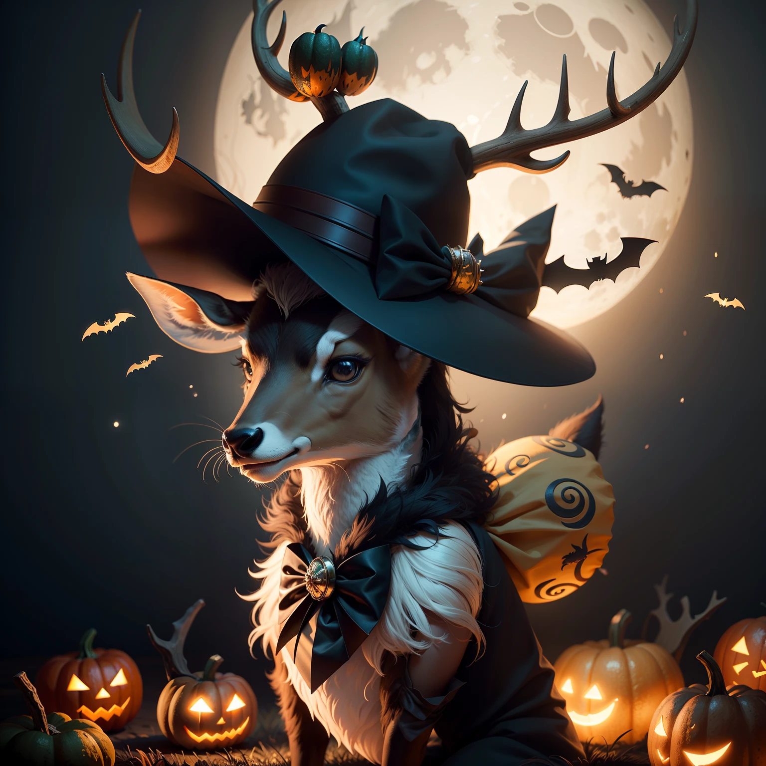 A deer wearing a Halloween hat.,Middle element,(master-piece,bestquality:1.2),Best Lights,best shadows,Show background, . . . .bat,full big moon, stylized 3d render