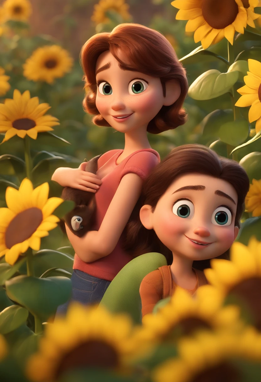 Create a Disney PIXAR-style 3D poster. ((centro da imagem, Triplets)), ((3 )) ((1 menino no meio e 2 meninas ao lado, They're hugging each other, O menino tem pele castanha e cabelos castanhos escuros e olhos castanhos escuros, 1 menina tem pele clara, olhos e cabelos escuros e cacheados, e a outra menina tem pele morena, olhos escuros e cabelos escuros e lisos)) ((tudo isso no estilo Disney PIXAR 3D, In the background, A house of sunflowers, Gloria Studio, The garden is full of nature 3D render RTX clay material, estilo de design cartunesco, POP Mart, soft lighting, linhas suaves, Spring tilt, Detailed illustrations of PIXAR 3D, Detalhes hiper-realistas, cor quente no estilo Disney PIXAR 3D))