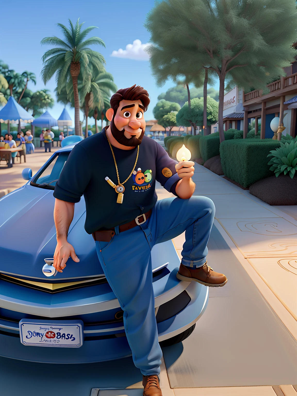 Poster no estilo Disney pixar, alta qualidade, melhor qualidade, homem sexy branco, 30 anos cabelo grisalho barba preta, musculoso, com fundo em um restaurante a luz de velas