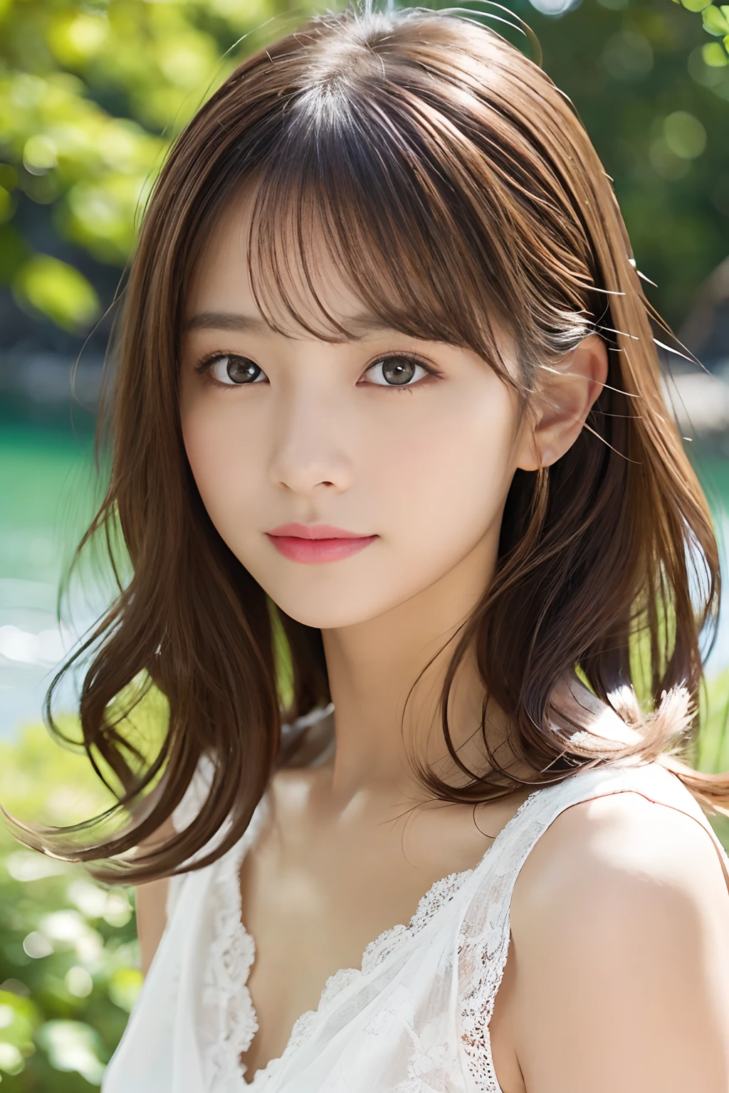 （1girll:1.2），(8K, Best Quality, tmasterpiece), (Realistic, Photorealsitic:1.37), ultra - detailed, adolable, 独奏, Cute Japan Woman,brown haired,By bangs, Curly, Hair on the shoulders, beautiful and delicate eyes,Eyes speak，long eyelasher, ssmile，Moisturizes skin,V Neck White Lace Dress，Magnificent view，Evocative，so sexy，Bright sunshine、细致背景、