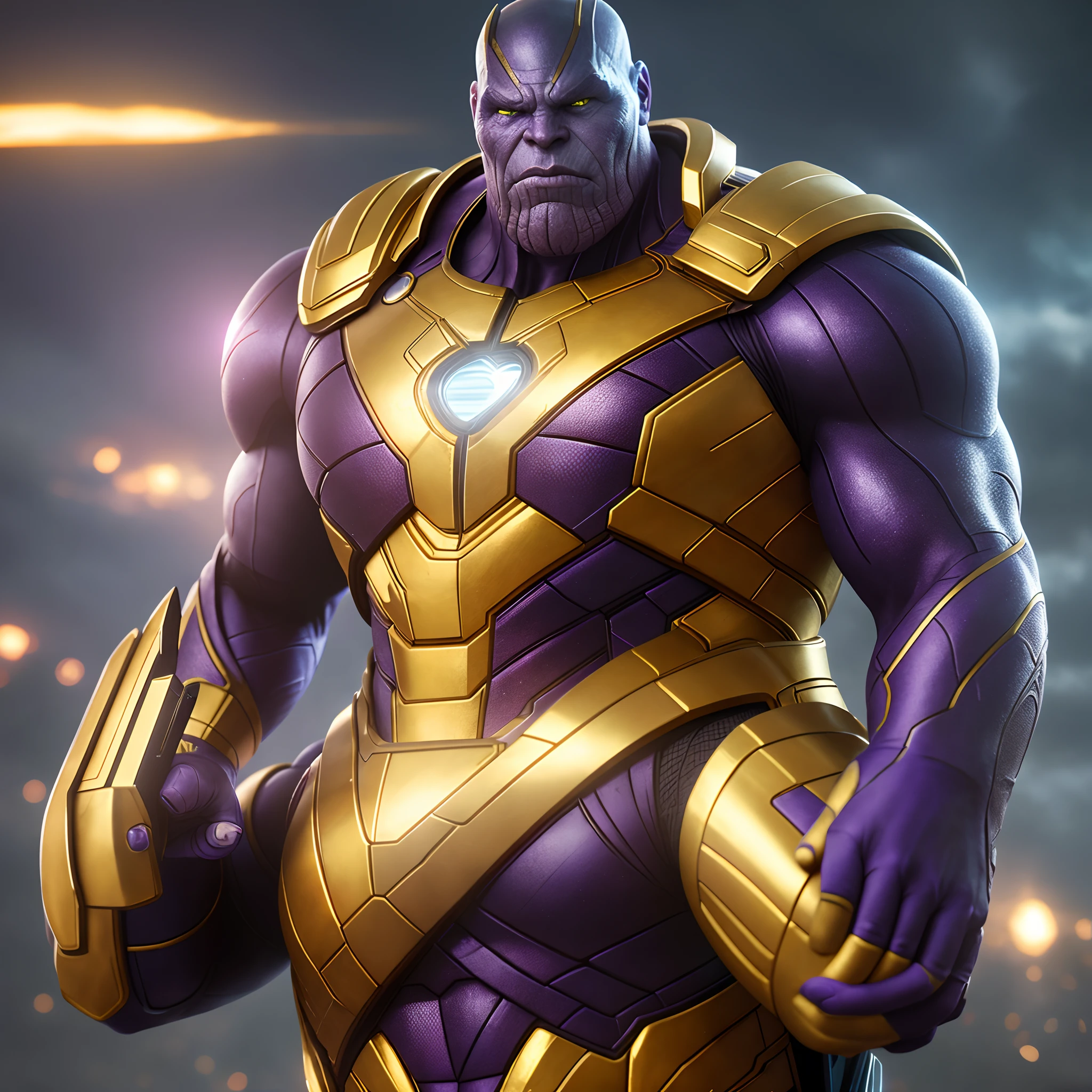 Cinematic soft lighting illuminates a stunningly detailed and ultra-realistic thanos, marvel studios, golden uniform that is trending on ArtStation. Octane is the perfect tool to capture the softest details of this 16k photography masterpiece, Full-body,