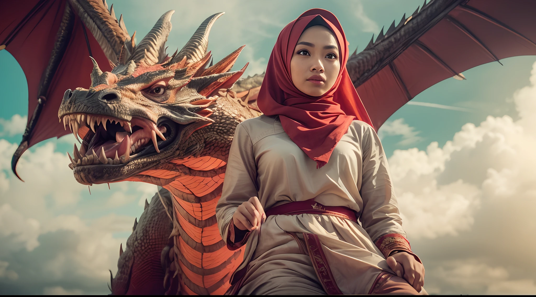 Create a scene where the Malay girl in hijab and malay women traditional attire is riding a majestic, photorealistic dragon through the skies. She's a dragon tamer in a breathtaking aerial adventure. style raw, 50mm lense, handheld shot camera angle, High Contrast cinematography effect, Natural Lighting, Desaturate color grading. High quality, ultra detail, 8k,