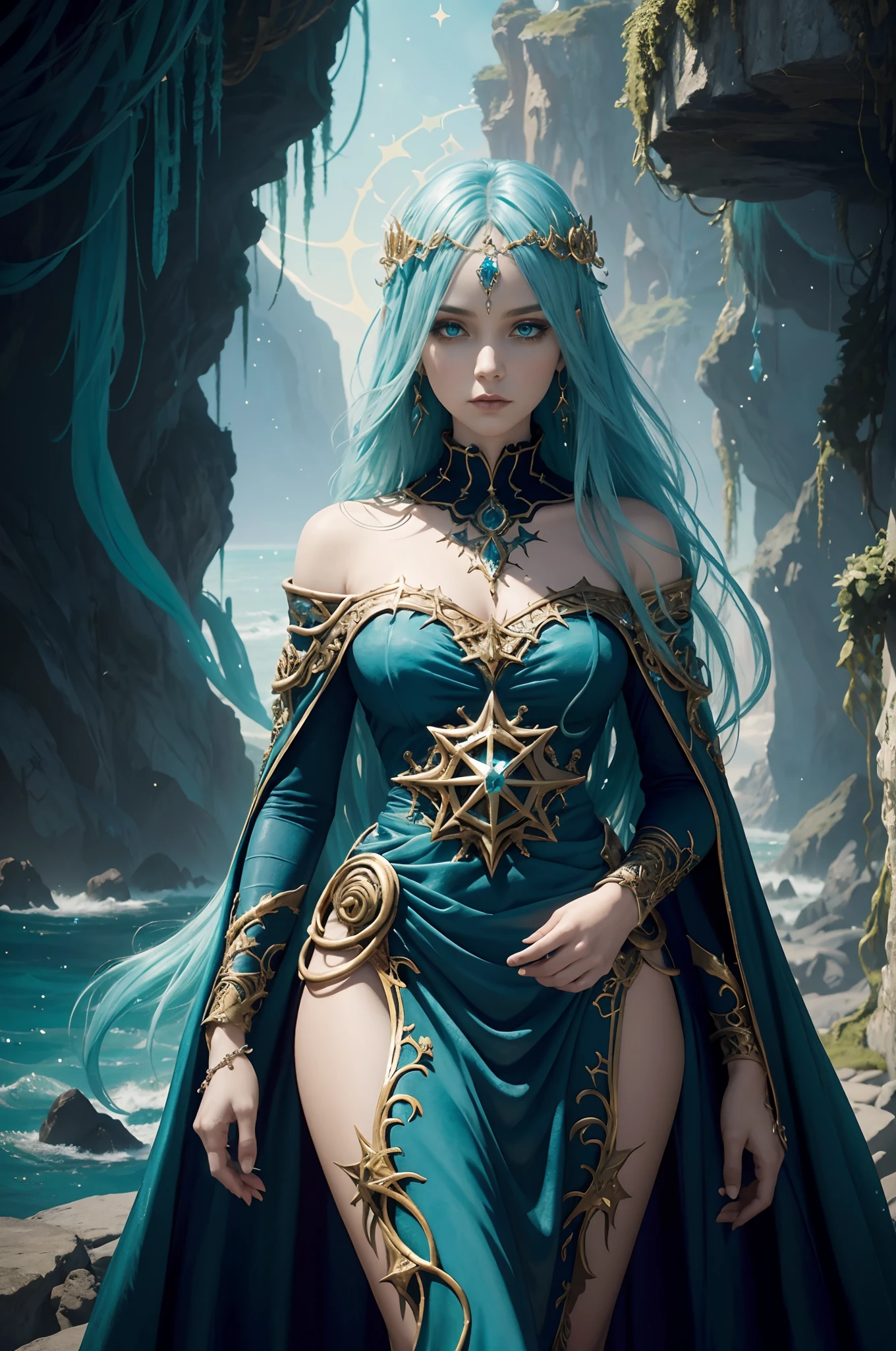 8K,水godの女god,Super beautiful(like the real thing),blue makeup,blue rouge,light blue eyes,clear white skin,luxurious blue water robe,golden decoration,golden hair ornament,masterpiece,Photorealistic RAW photos of the highest quality。bright colors,rich colors, Backlight, cinematic lighting, film grain, to be born, 50mm lens, Nikon D850,detailed character art,fantasy art,ultra high resolution,Super realistic,view audience,fantasy,beautiful expression,view audience,in the forest,Remains,Mountain々,god々Emitting a bright light,fighting pose,dynamic pose,action scene,spawn a water tornado,