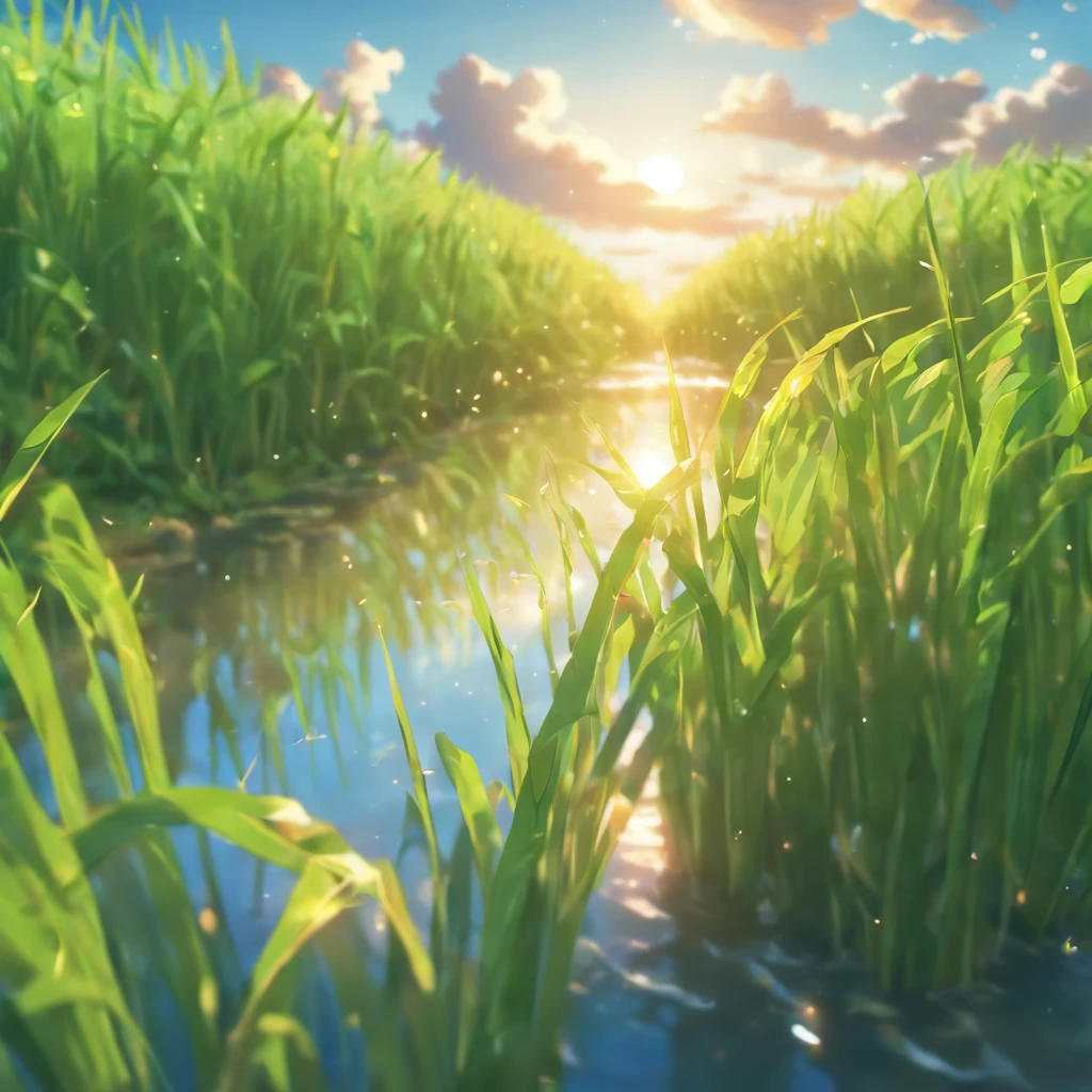 best quality,ultra-detailed,realistic
close up view of rice field,green rice stalks,rippling water reflection,blue sky with fluffy clouds,sunlight filtering through the leaves