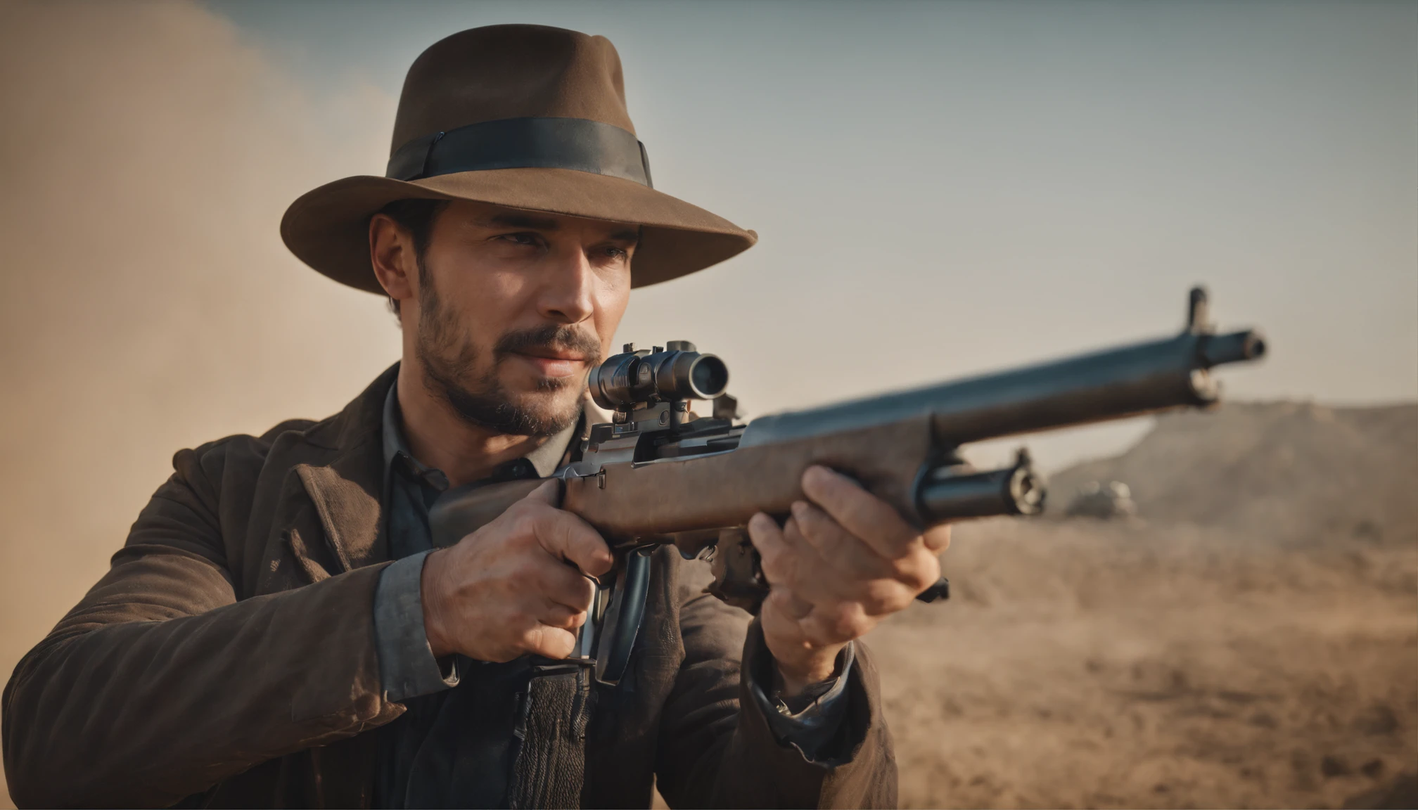 Aman wearing hat welded with two guns, 4K, Lightweight kinematics, dutch angle