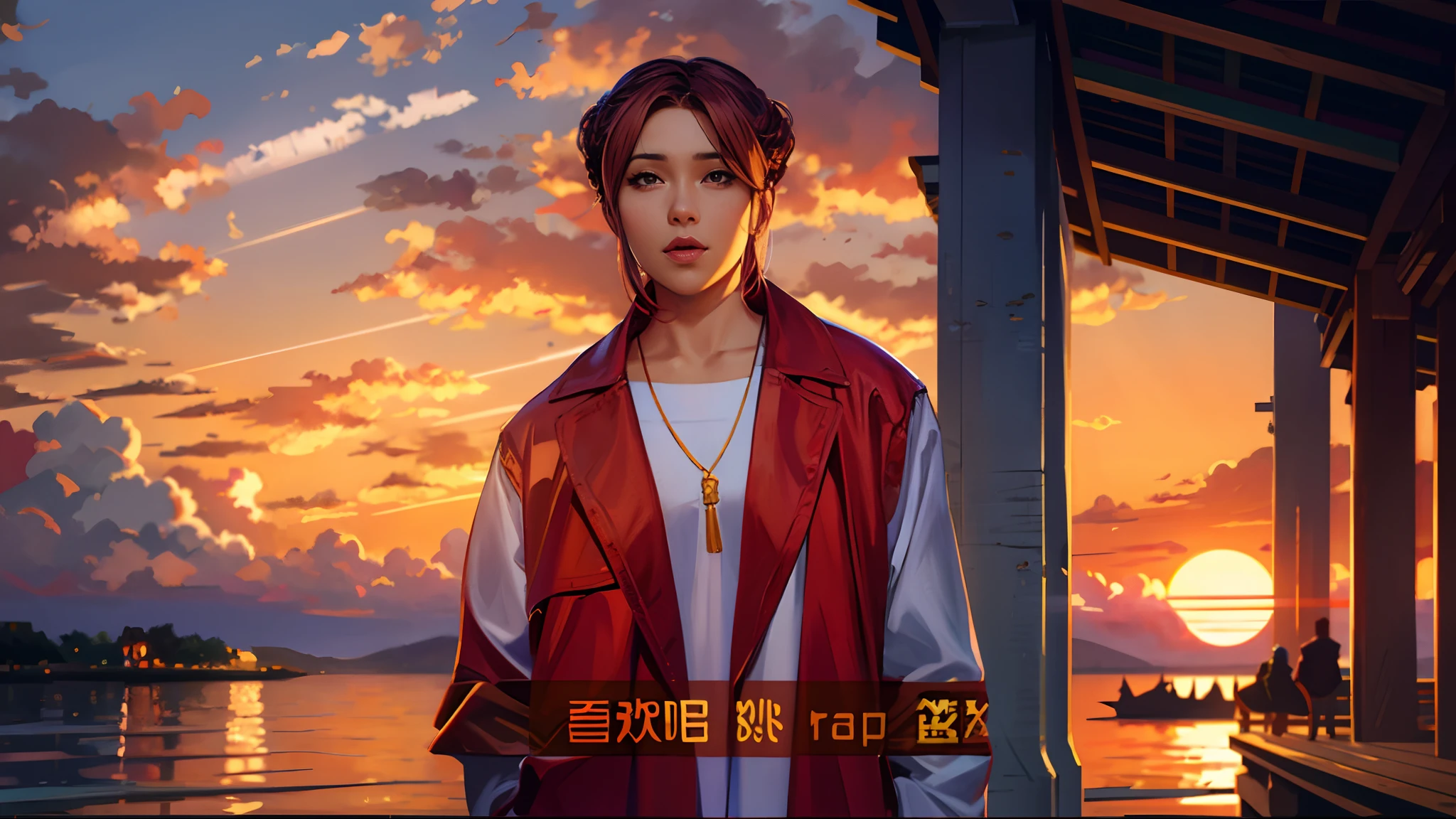 the sunset，eventide，middle parted hairstyle