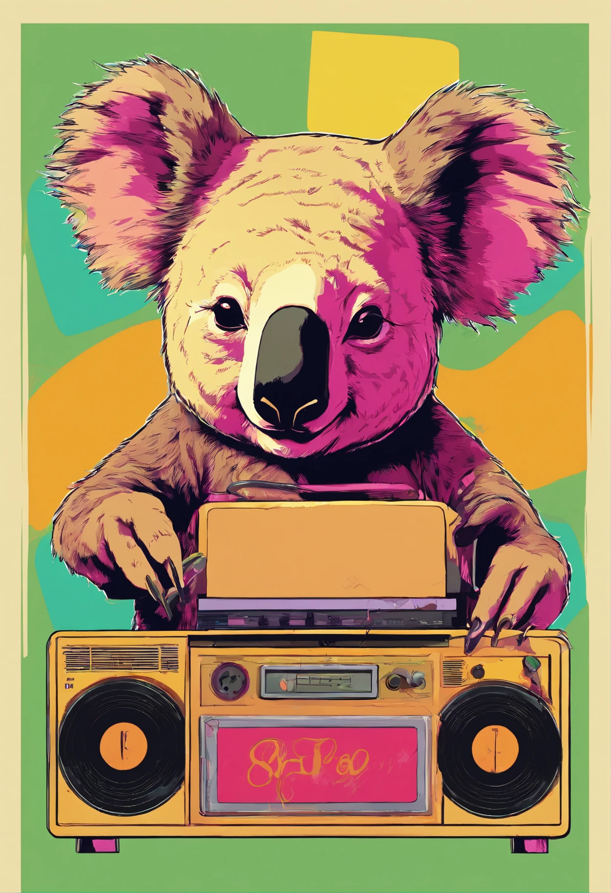 A koala listening to music from a vinyl player