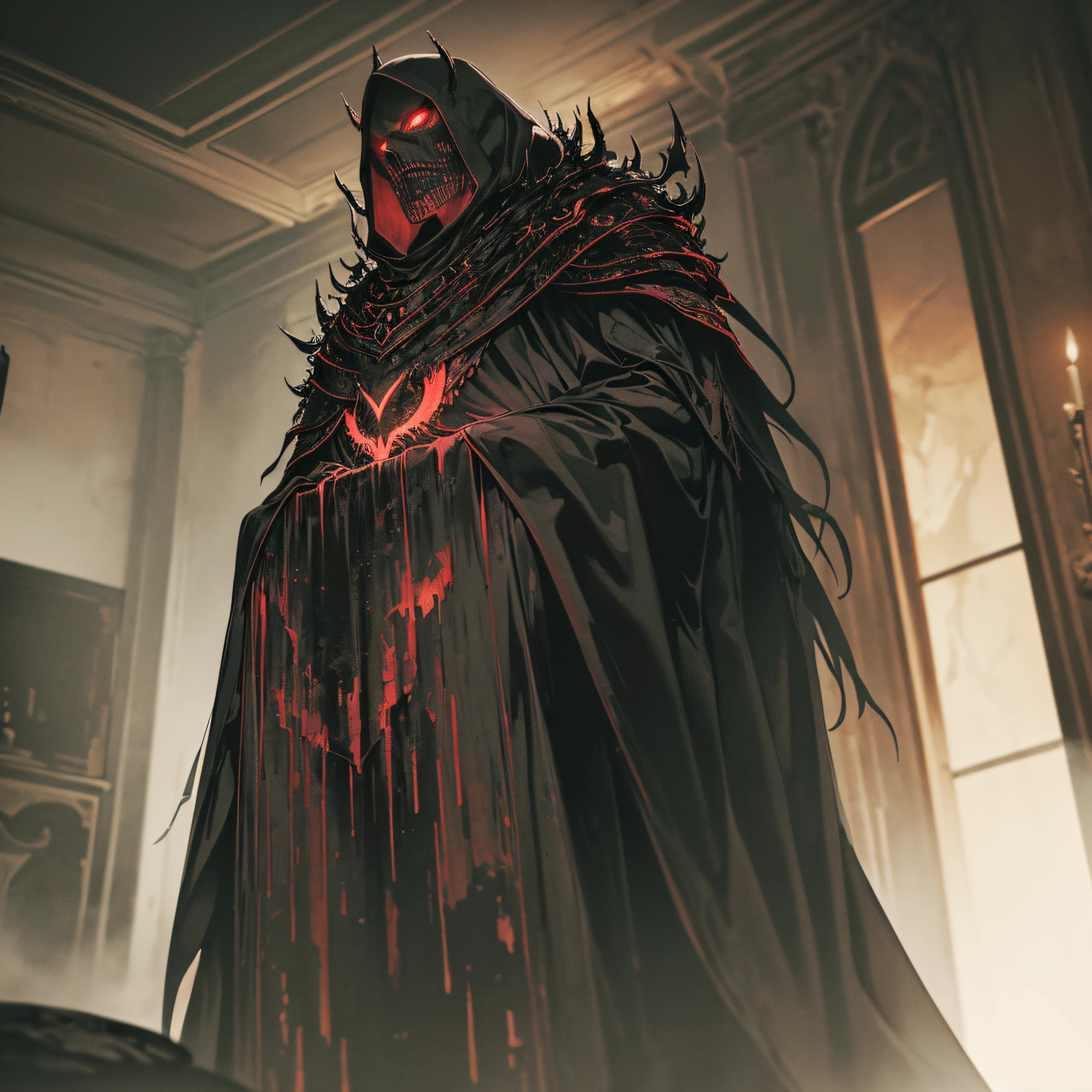 (best quality,4k,8k,highres,masterpiece:1.2),ultra-detailed,(realistic,photorealistic,photo-realistic:1.37),dark lord Sauron, sitting on his throne, full body image, detailed metallic armor, ominous atmosphere, glowing red eyes, powerful evil aura, towering figure, ornate throne, stark contrast, dramatic lighting, shadows engulfing the room, menacing presence, intense gaze, smoky surroundings, hauntingly beautiful, black cloak billowing, ethereal darkness, corrupted power, eerie silence, ruins in the background, crumbling architecture, ancient symbols, fiery lava, torment and despair, dominance and control, epic fantasy, supernatural being, master of darkness, imminent doom, hypnotizing presence, otherworldly strength, malicious intentions, mesmerizing details, unsettling tranquility, mythical creature