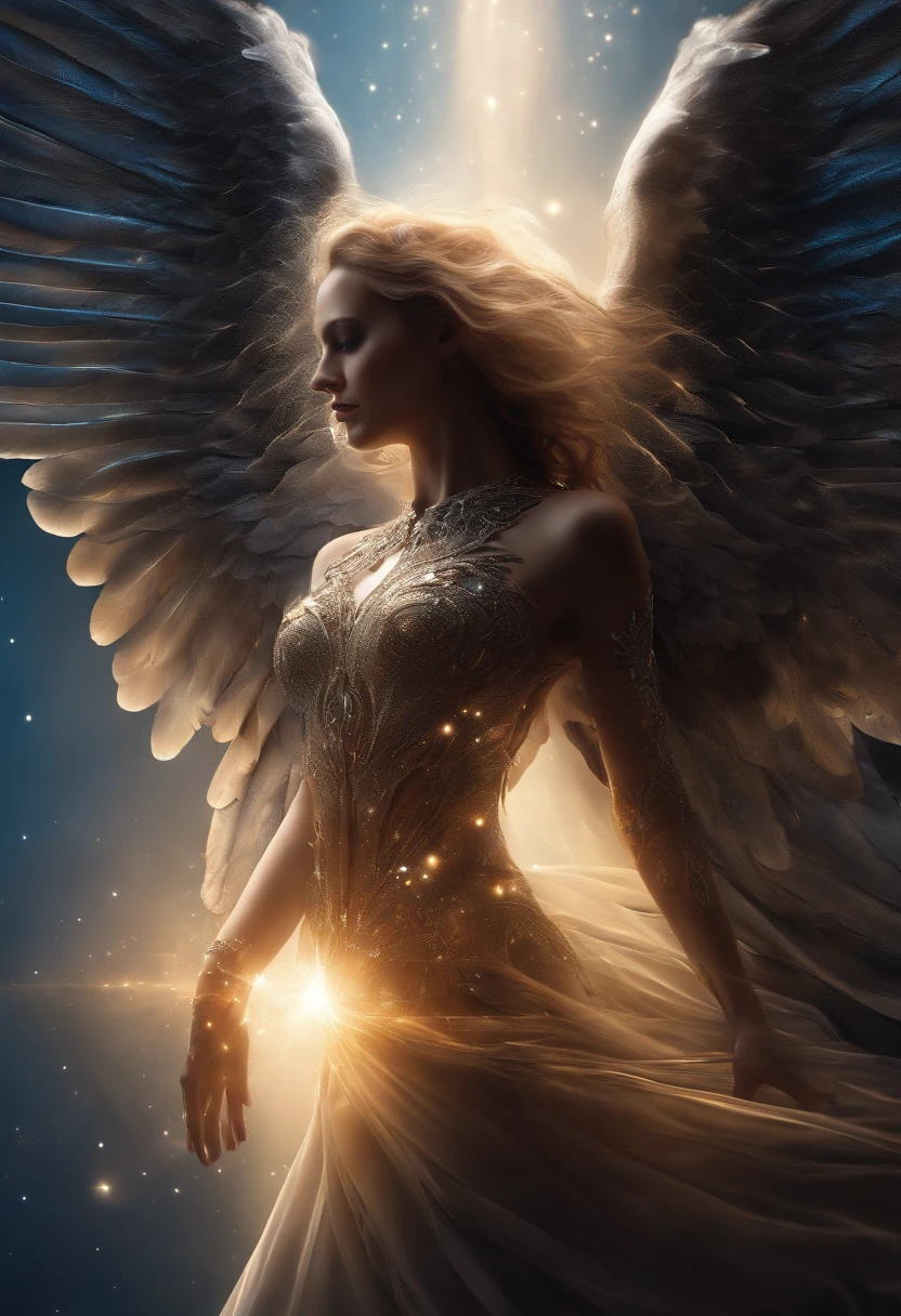 cosmic fallen angel, olhos claros brilhantes, Biomechanicals, estranho, assustador, Pesadelo, cores muito brilhantes, light particles, com luz brilhante, Mshiff, Arte do papel de parede, Papel de parede UHD