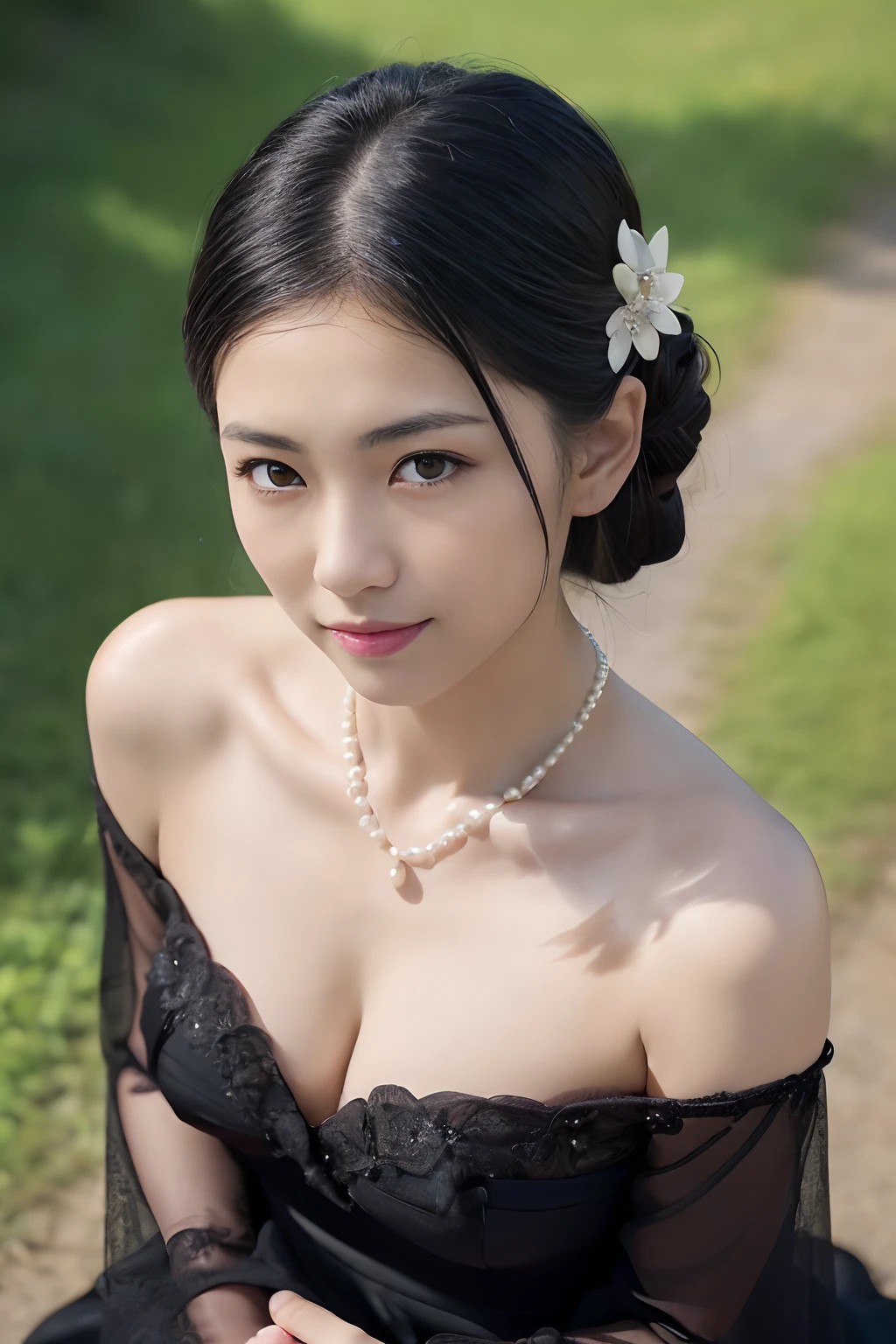 ((1人の女性,The most beautiful faces in Japan,beautiful countenance,40 year old,Wrinkles in the eyes and mouth,Perfect camera gaze,Shooting from the knee up)),((((Black Elegant Mourning Dress)))),((pearls necklace,Classy hairstyle,natural make up,Hide the chest area,Emphasis on chest bulge,smil,Walking in the quiet countryside,Looking at the camera,look at a camera,Take a photo above from your lap)),((Turn to this,View here,Perfect fingers,perfect arms,细致背景,top-quality,The ultra -The high-definition,Perfect Anatomy,high-definition RAW color photography,professional photograpy, extremely delicate and beautiful, Extremely detailed,finely detail, Huge file size,Top image quality,8K,Award-Winning Works,masutepiece))