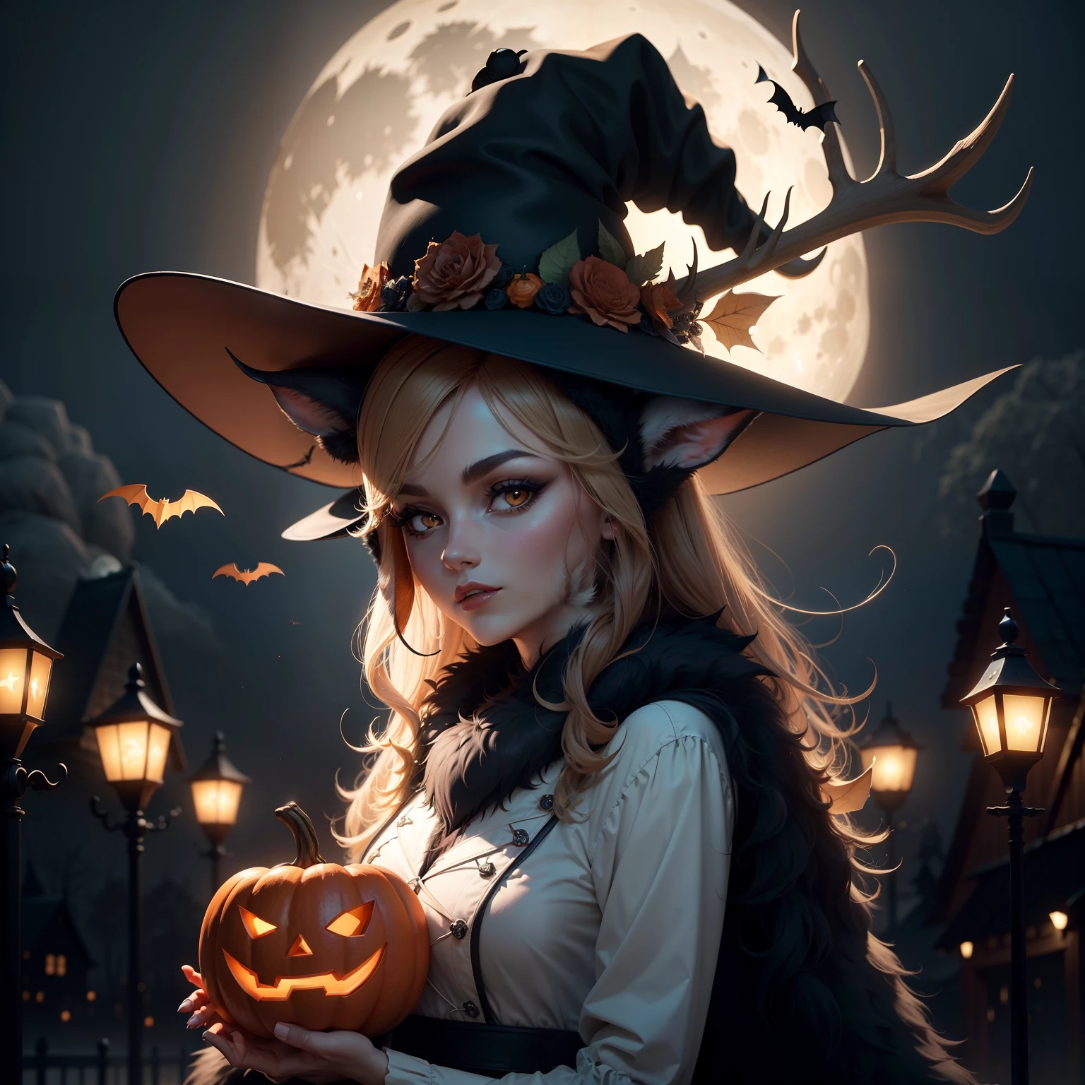 A deer wearing a Halloween hat.,Middle element,(master-piece,bestquality:1.2),Best Lights,best shadows,Show background, . . . .bat,full big moon, stylized 3d render