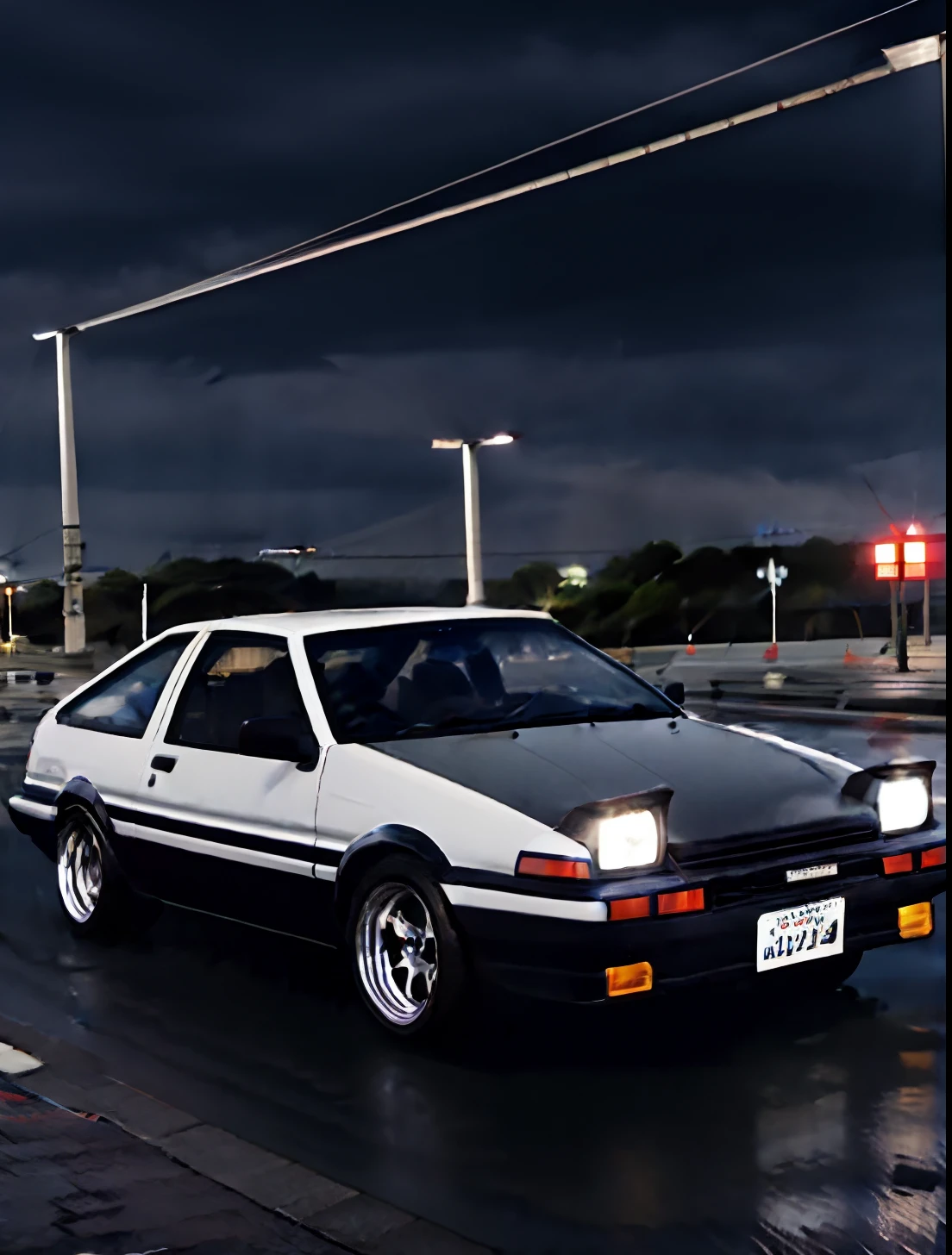 32K Ultra Hi-Vision、Photorealsitic、Raw photo、hiquality、Photo Contest Winners、Behind the Toyota AE86 Trueno、((Drive along Tokyo's highways with beautiful night views))、(Convertible car specifications:1.2)、((Carbon bonnet specification:1.2))、(Rain-soaked road surface、Headlights reflecting on the road surface:1.2)、(Beautiful night view、Background blur:0.7)