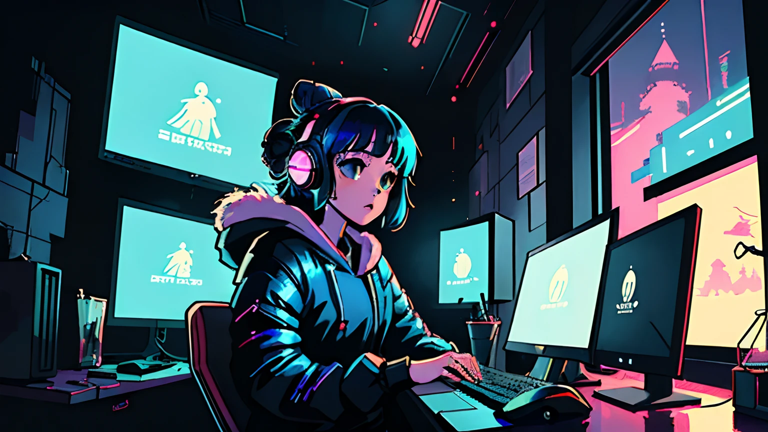 Anime girl sitting at a desk with a laptop and a monitor - SeaArt AI