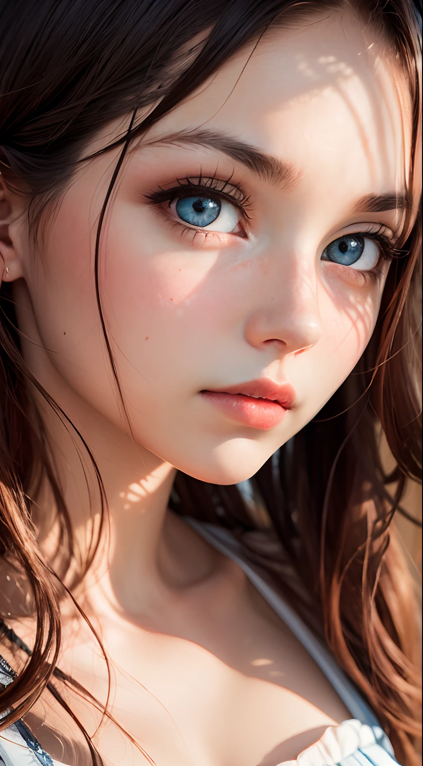 (masutepiece)Portrait of, Brown Straight Long
Hair, Clear white clean skin, Intense big blue Turkish eyes, Heavy red lips, Blushing, Intricate artwork by Boticelli, Soft natural sunset light, 85 m, Precise contrast, On her face、There are delicate lights and shadows filtering heavenly radio.