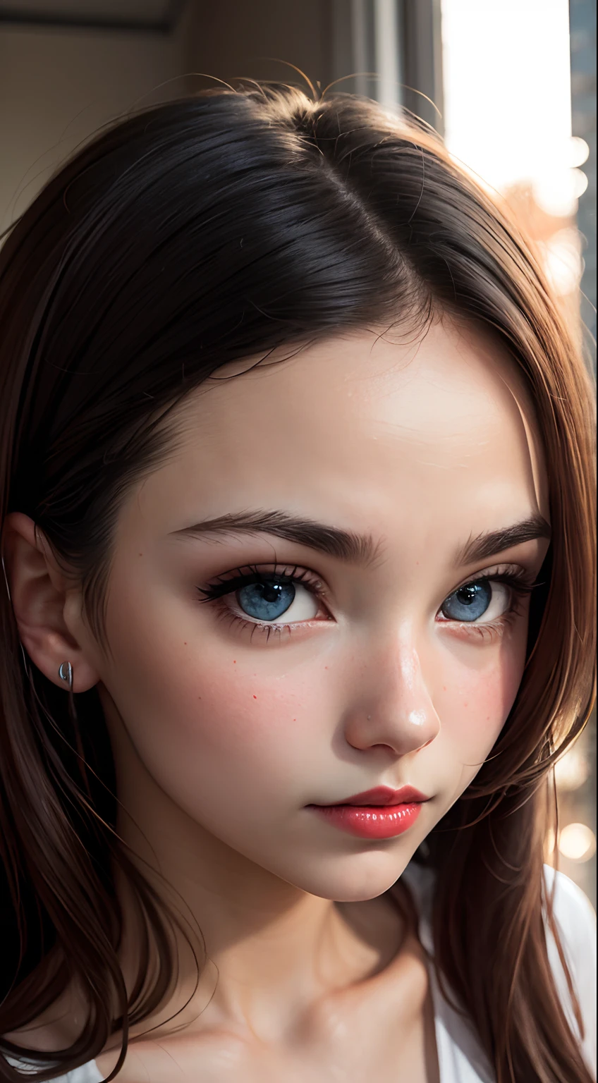 (masutepiece)Portrait of, Brown Straight Long
Hair, Clear white clean skin, Intense big blue Turkish eyes, Heavy red lips, Blushing, Intricate artwork by Boticelli, Soft natural sunset light, 85 m, Precise contrast, On her face、There are delicate lights and shadows filtering heavenly radio.