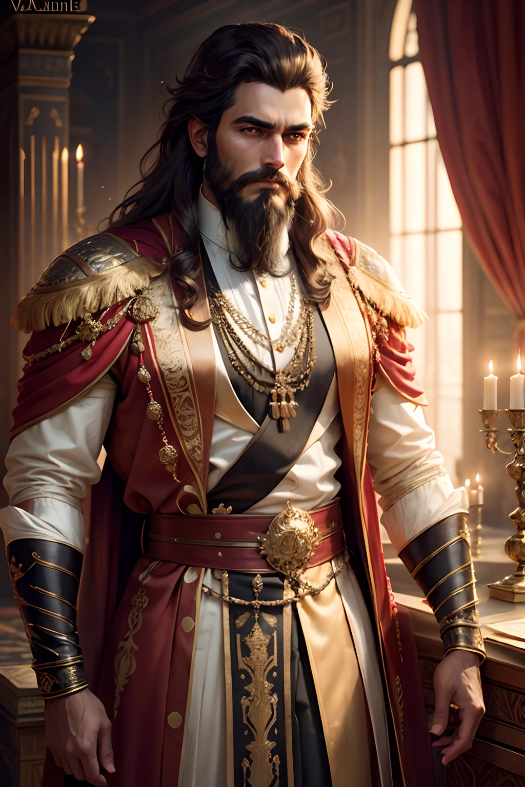 one king in a palace, luxury royal palace, volumetric lighting, 8k resolution, photorealistic, ultra-high quality, opulent detailed background, medium length dark brown hair, messy hair, full beard, wearing a fancy royal indian clothes, serious expression