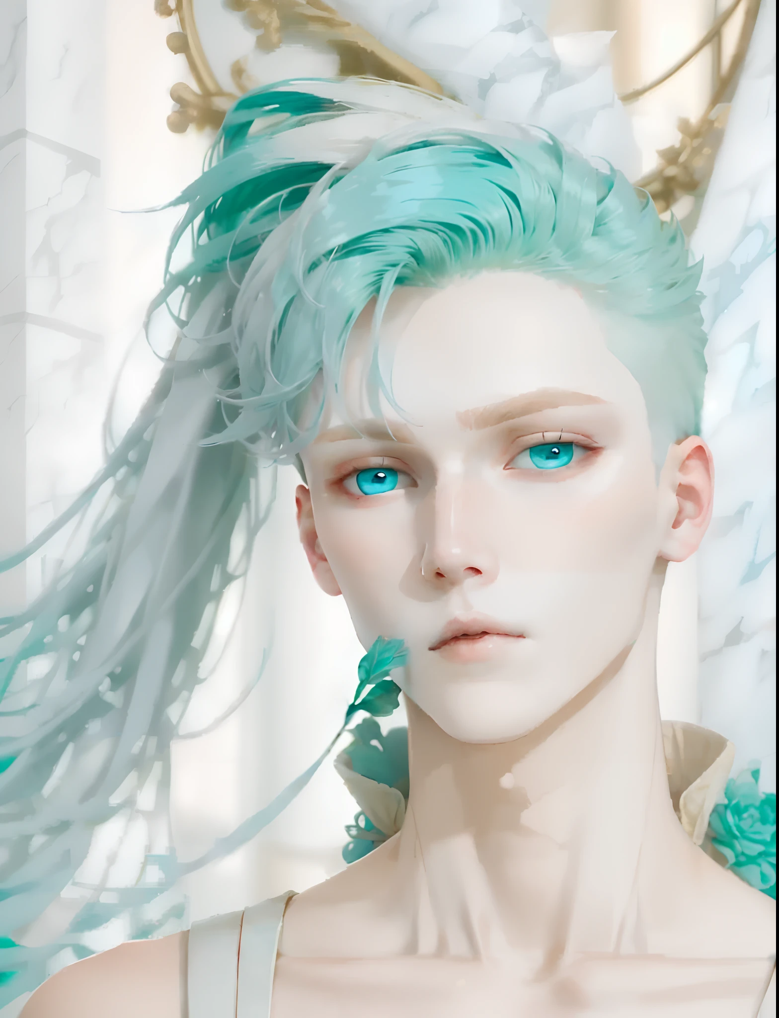 chin length cyan hair, baby blue eyes, pale ivory skin, top surgery scars