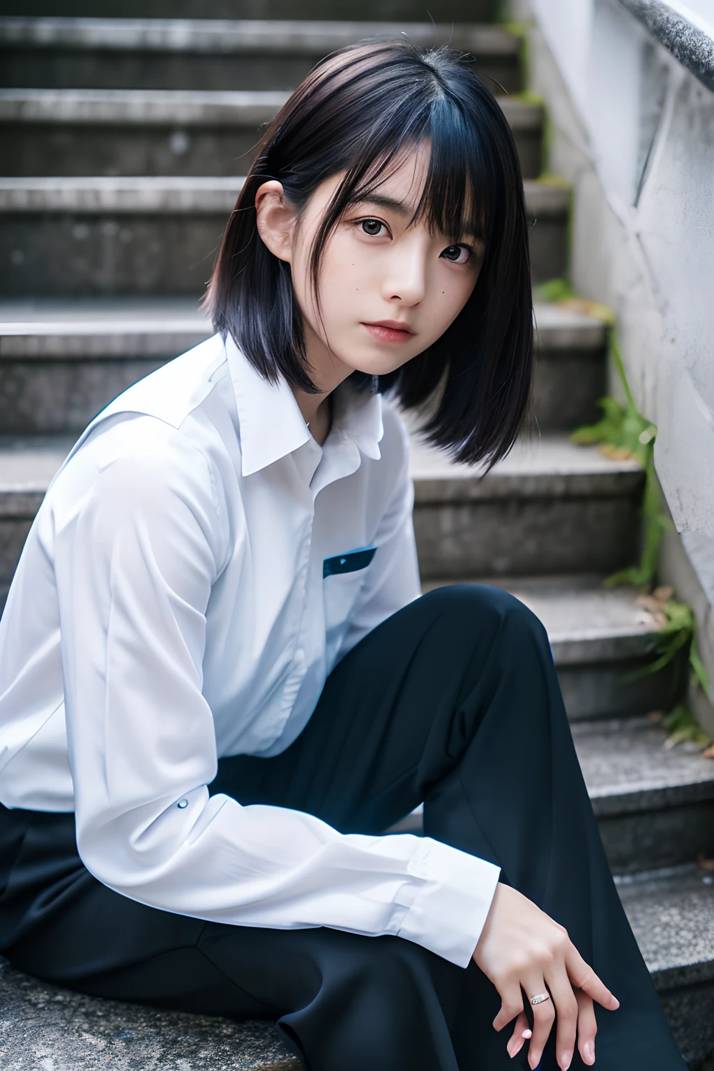 (1girl),Japan at 25 years old,Medium head of black hair, Black tie,White shirt with long sleeves,Black pants, a little freckles,Dark in a cyber space light up in blue(1.5),sitting on the stairs,Complex structures in the background、Full Body Photo Standing、Amazing face and eyes, ((Best Quality)), (Ultra-detailed), (extremely detailed CG unified 8k wallpaper), Highly detailed, High-definition raw color photos, Professional Photography,