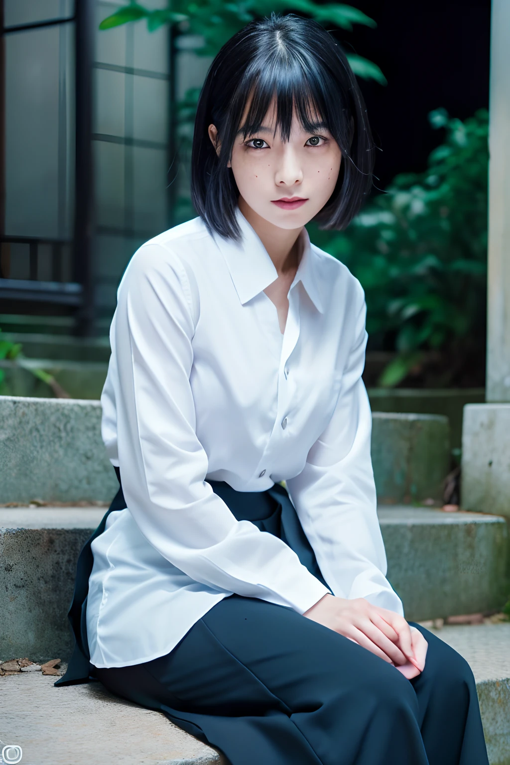 (1girl),Japan at 25 years old,Medium head of black hair, Black tie,White shirt with long sleeves,Black pants, a little freckles,Dark in a cyber space light up in blue(1.5),sitting on the stairs,Complex structures in the background、Full Body Photo Standing、Amazing face and eyes, ((Best Quality)), (Ultra-detailed), (extremely detailed CG unified 8k wallpaper), Highly detailed, High-definition raw color photos, Professional Photography,