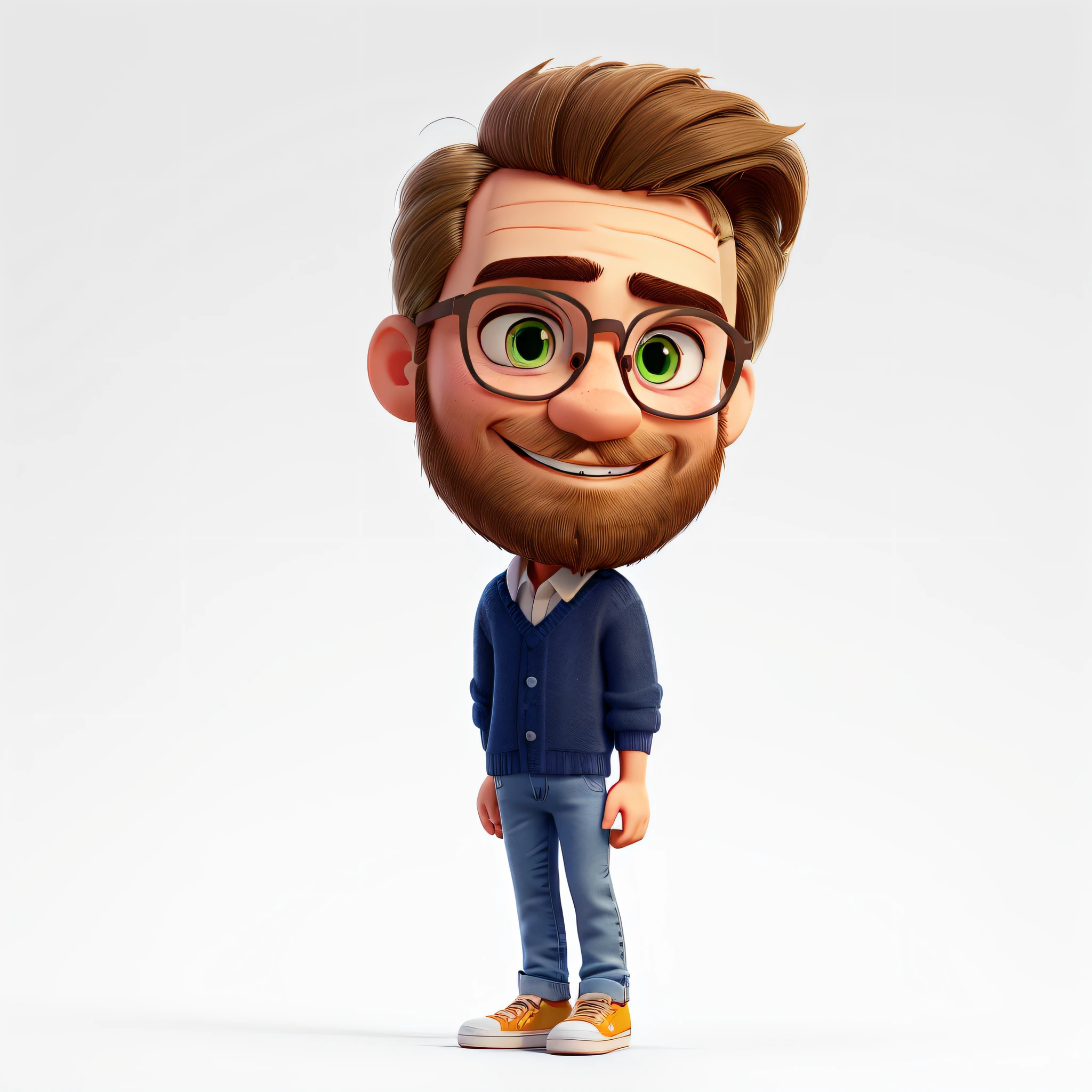A full-length shot of the Disney pixar avatar 3D of a tall, thin teacher with white teeth, brown beard, hair lighter than his beard and large forehead, small pointed nose, very small olive green eyes, brown round-shaped glasses with yellow textures, in the tortoiseshell style, with short, thin hair, wearing a navy blue sweater and white shirt, jeans and white sneakers, with a happy smile, more arched and thin eyebrows, and fuller lips, like children.