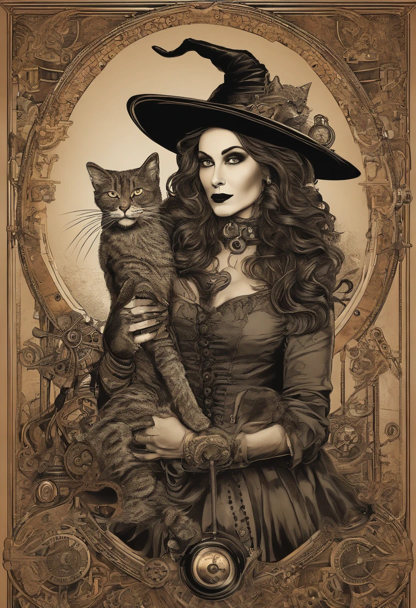 Witch holding a black cat in her arms for Halloween