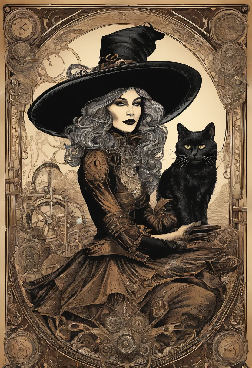 Witch holding a black cat in her arms for Halloween