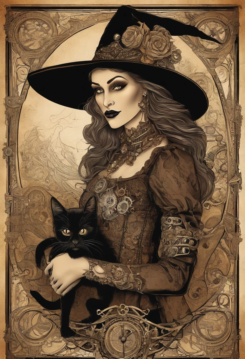 Witch holding a black cat in her arms for Halloween