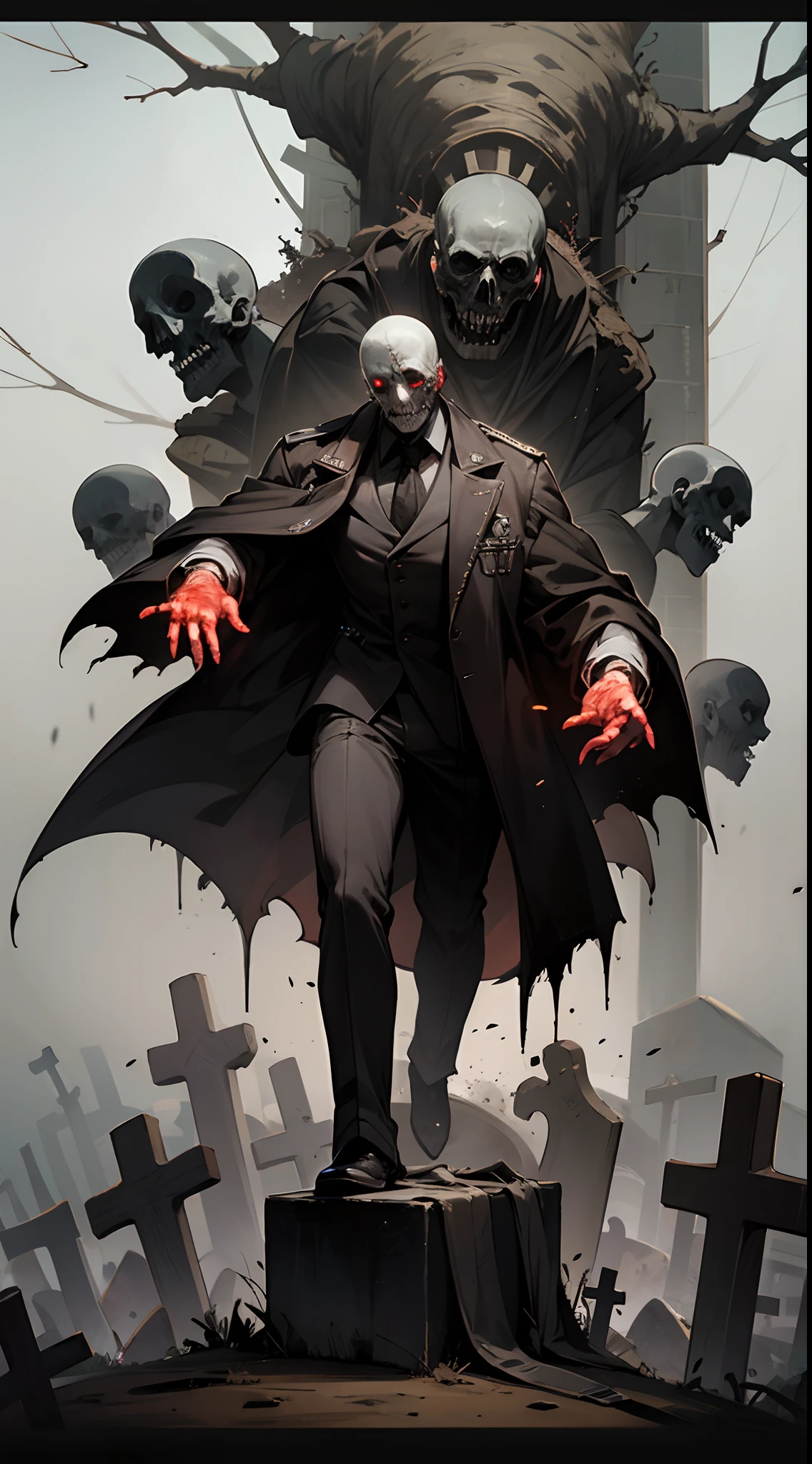 necromancer with his army, with cinematic cemetery background, zombie coming out of the grave