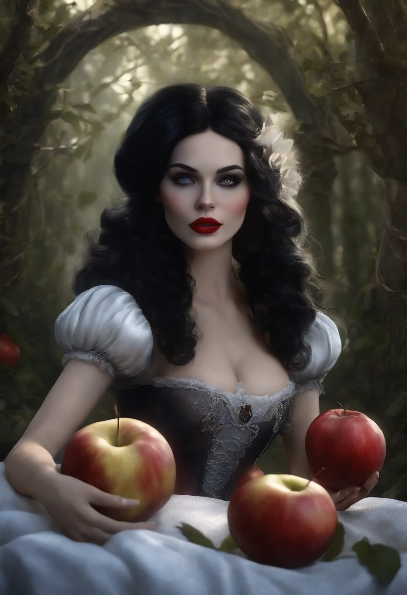 Realistic Drawing Snow White Sexy Knee Corpse, olhos azuis, cabelos pretos, bunda grande, Thin Hands, lingerie preta, Tim Burton style 3D Pixar high definition photo.